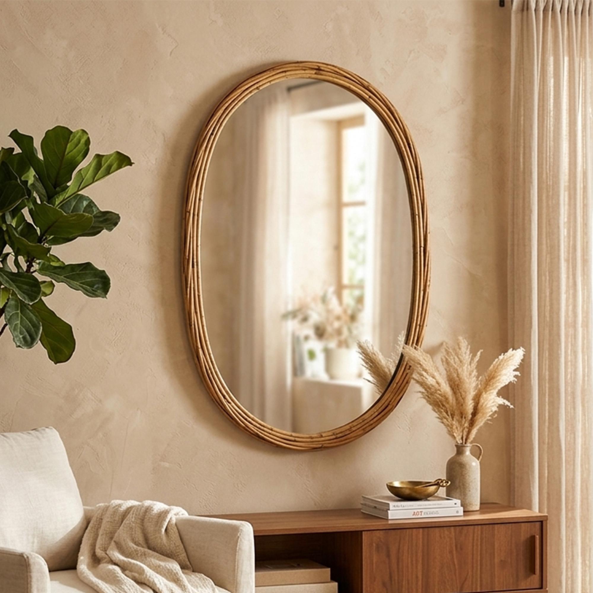 Wall Mirror - Oval - Natural - Glass and Wood - 61.5cm x 95cm