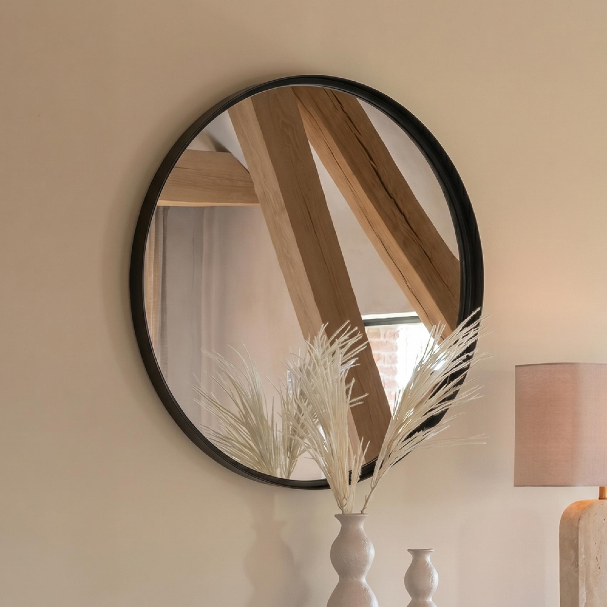 High Border Wall Mirror - Round - Large - Black - Glass and Metal - 110cm x 4cm