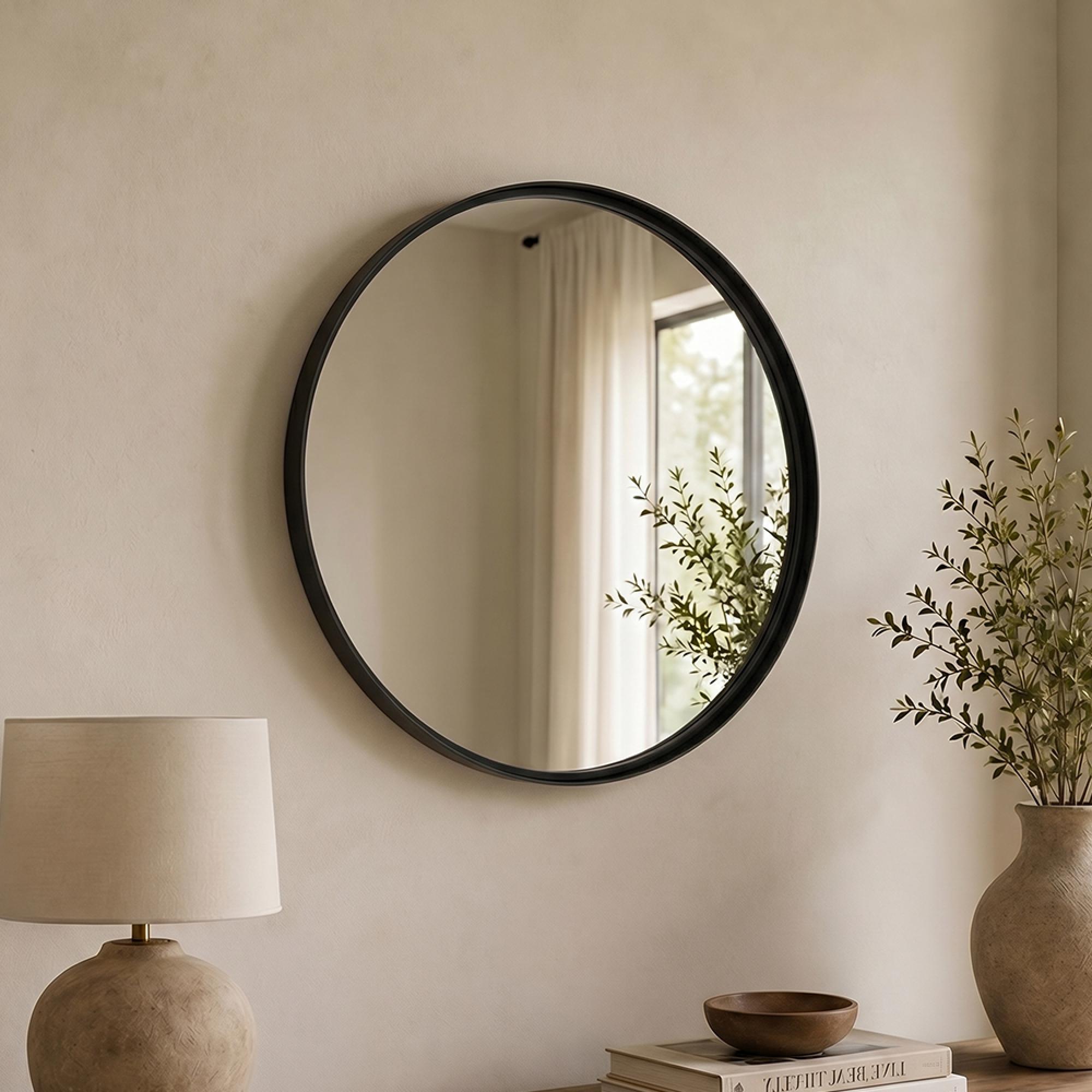 High Border Wall Mirror - Round - Medium - Black - Glass and Metal - 80cm x 4cm
