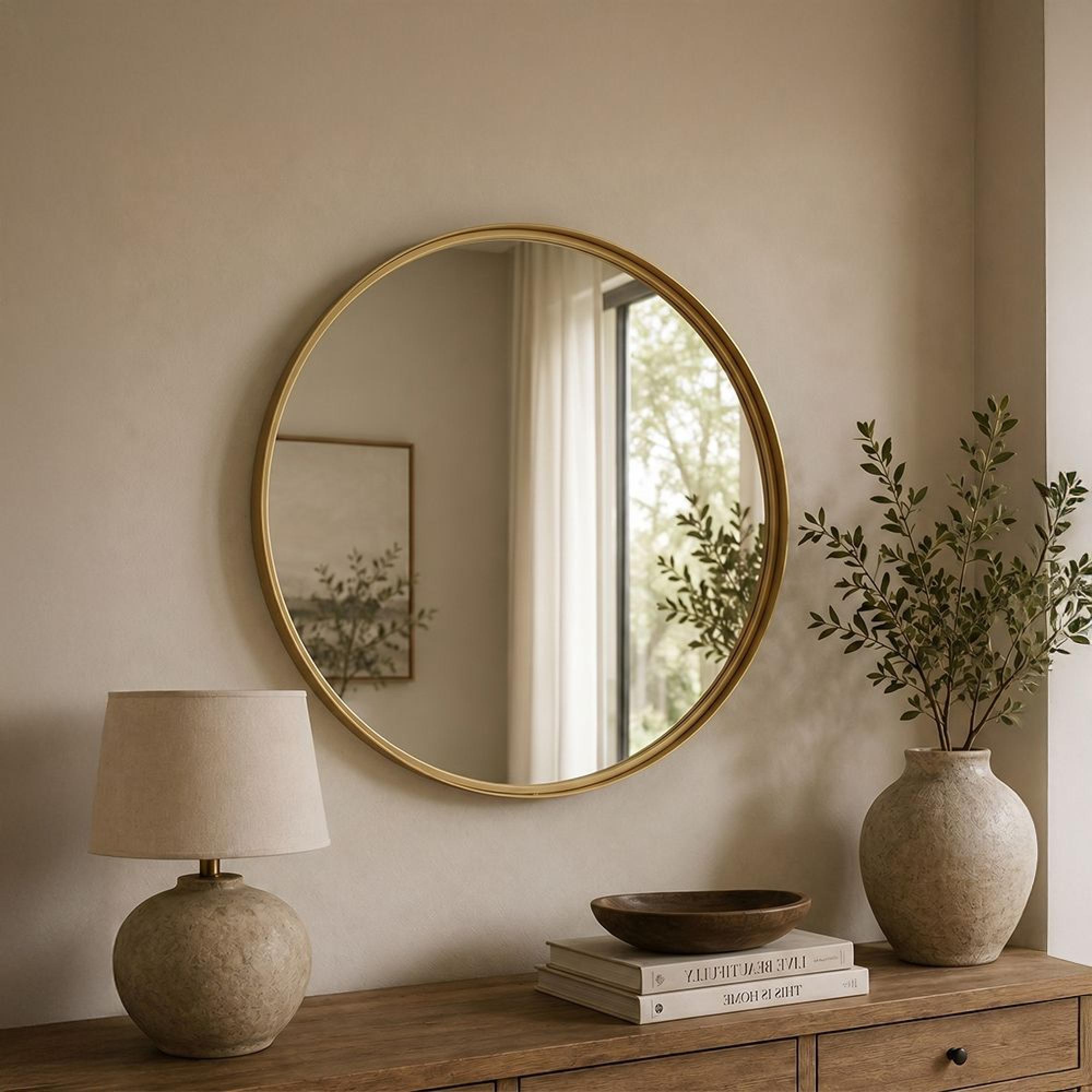 High Border Wall Mirror - Round - Medium - Gold - Glass and Metal - 80cm x 4cm