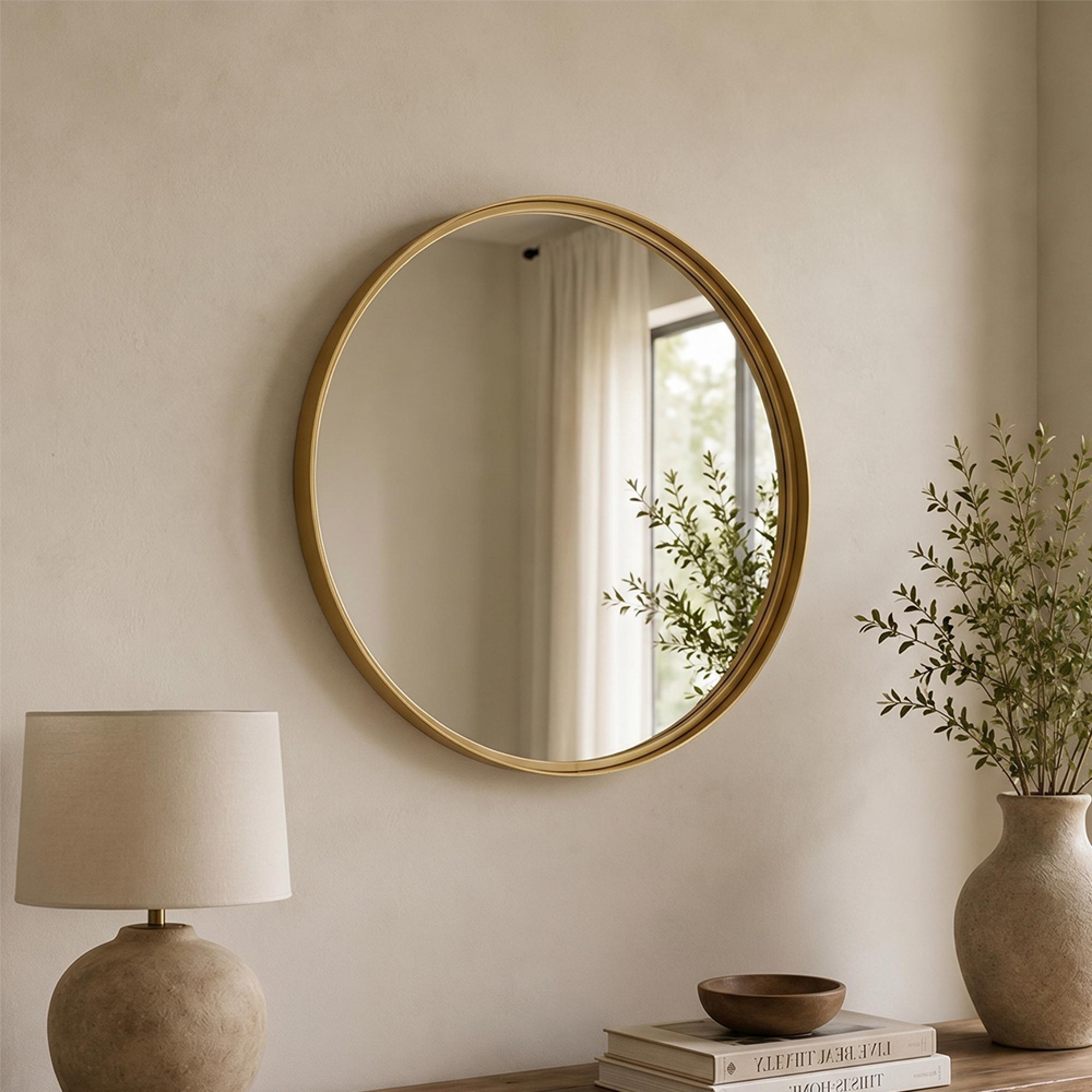 High Border Wall Mirror - Round - Small - Gold - Glass and Metal - 60cm x 4cm