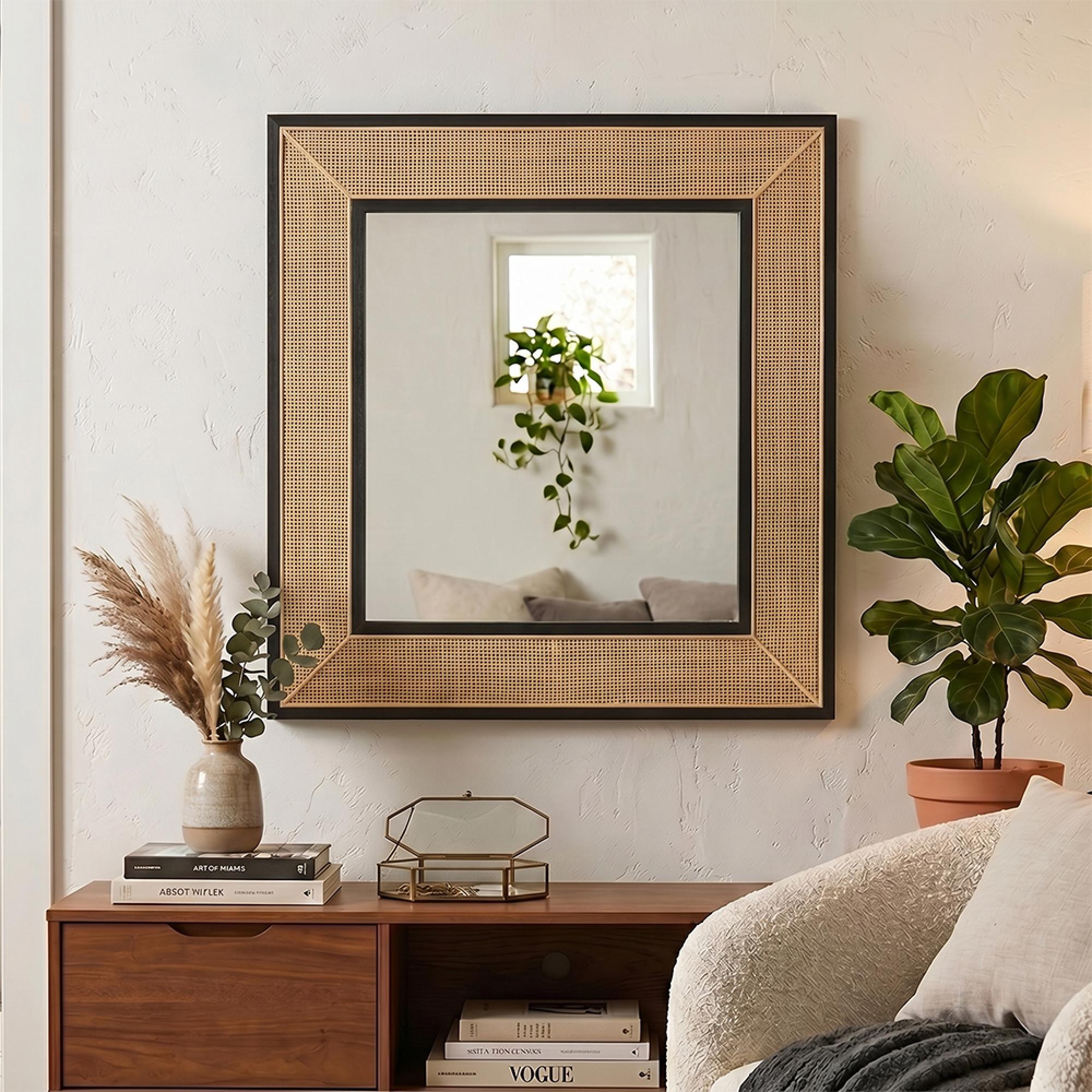 Molly Exotic Wall Mirror - Square - Natural and Black - Rattan and Wood - 80.5cm x 3cm