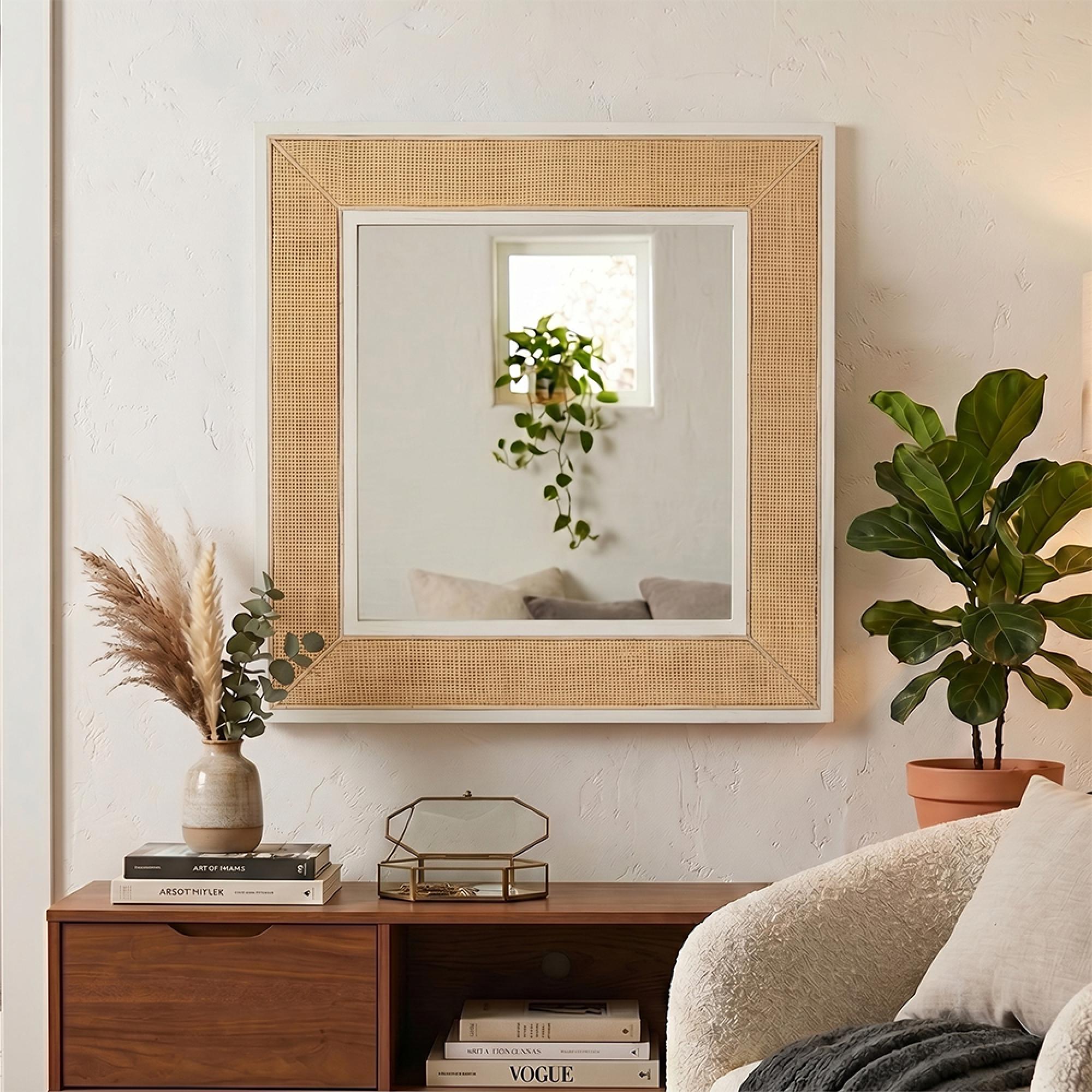 Molly Exotic Wall Mirror - Square - Natural and White - Rattan and Wood - 80.5cm x 3cm