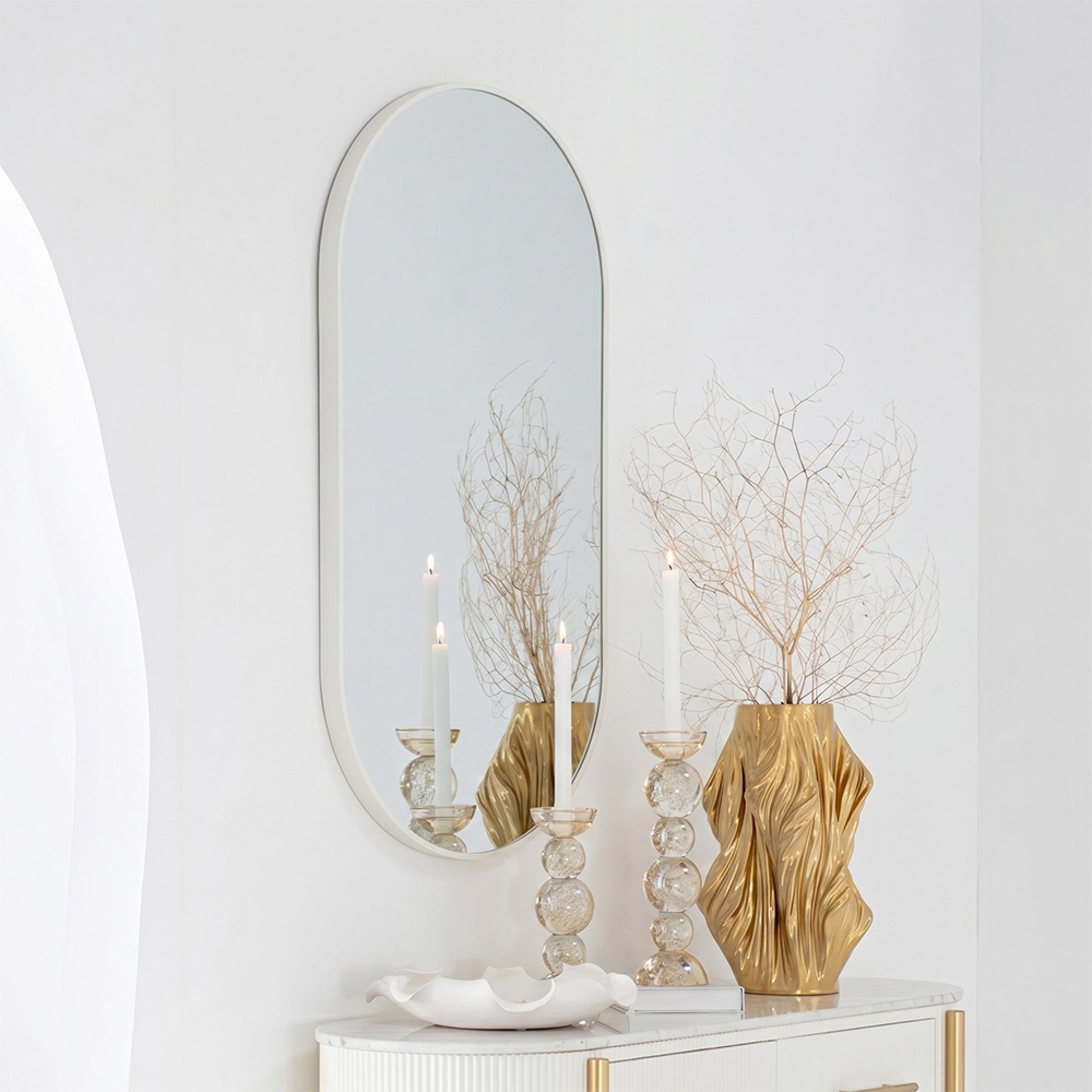 Wall Mirror - Oval - White - Glass and Metal - 50cm x 100cm