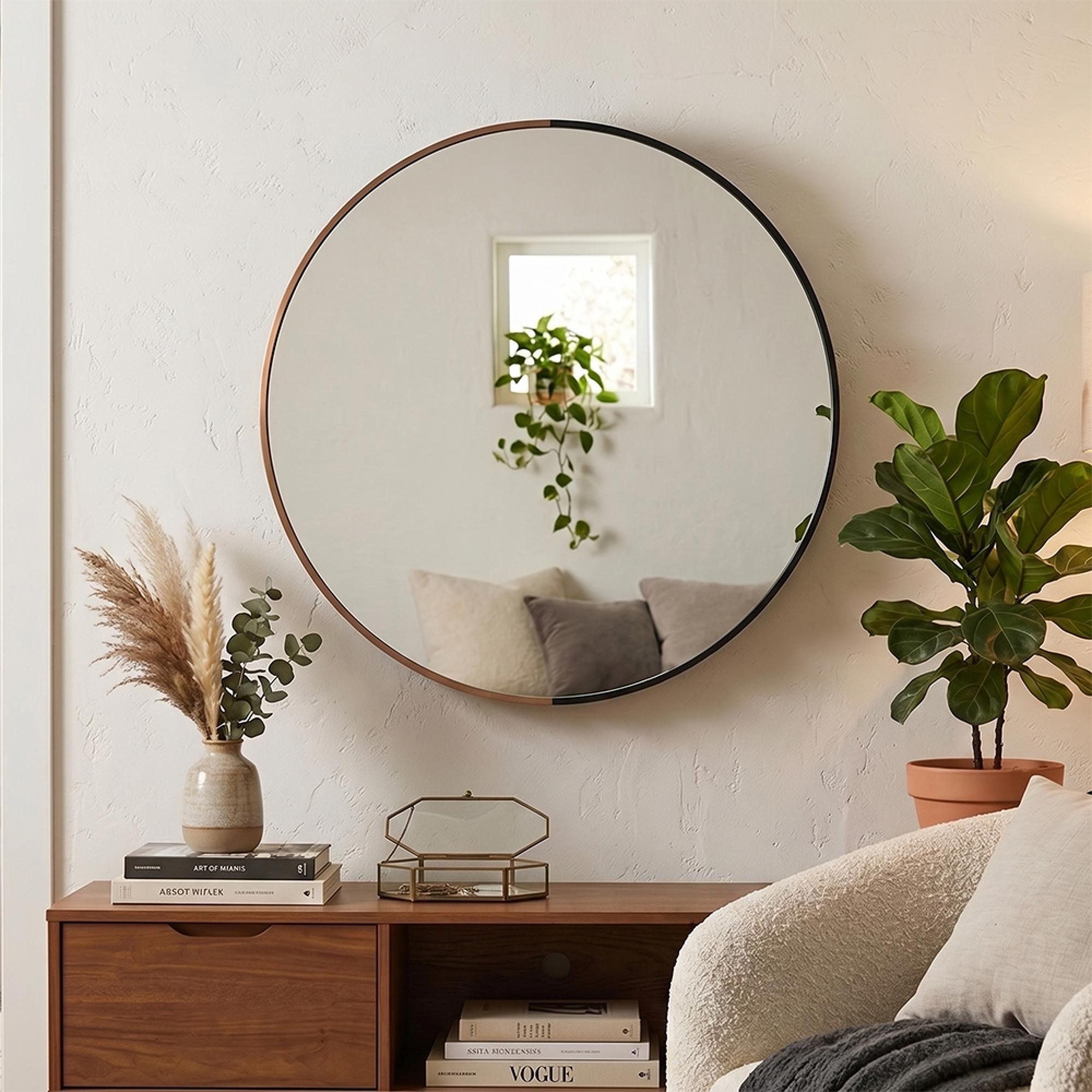 Wall Mirror - Round - Black - Wood and Metal - 90cm x 2.75cm