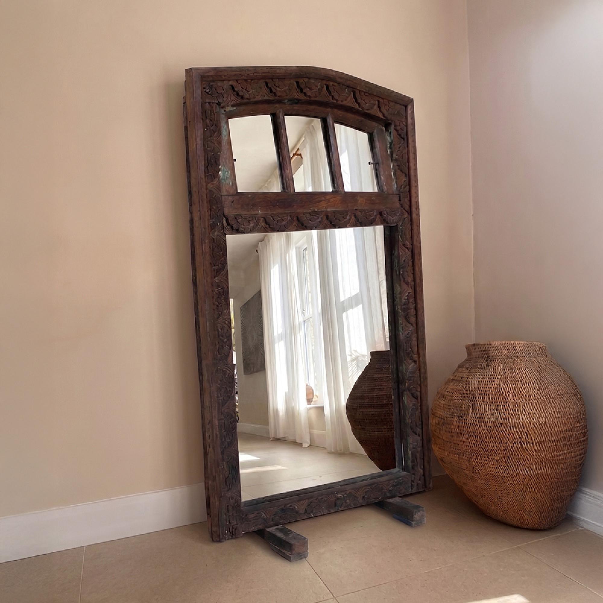 Carved Standing Mirror - Dark Wood - Wooden - 76cm x 105cm