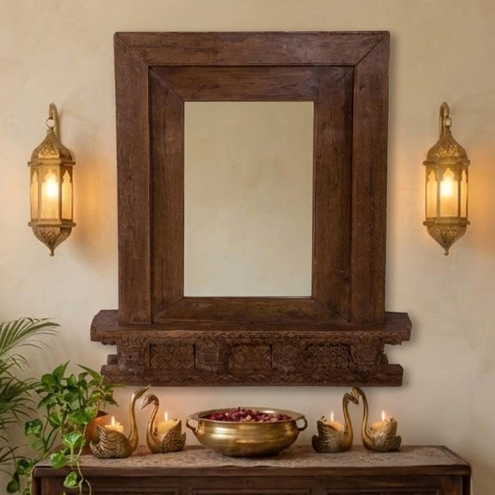 Carved Wall Mirror - Dark Brown - Wooden - 90cm x 100cm