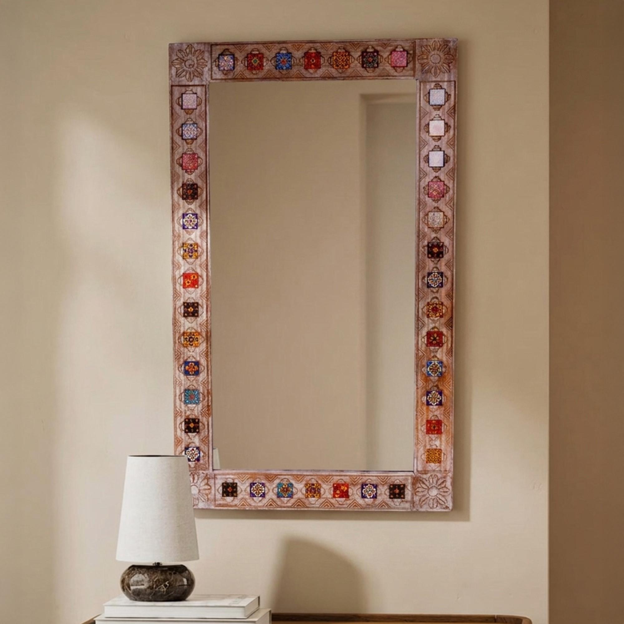 Carved Wall Mirror - Mosaic Inlay - Natural - Wooden - 90cm x 150cm