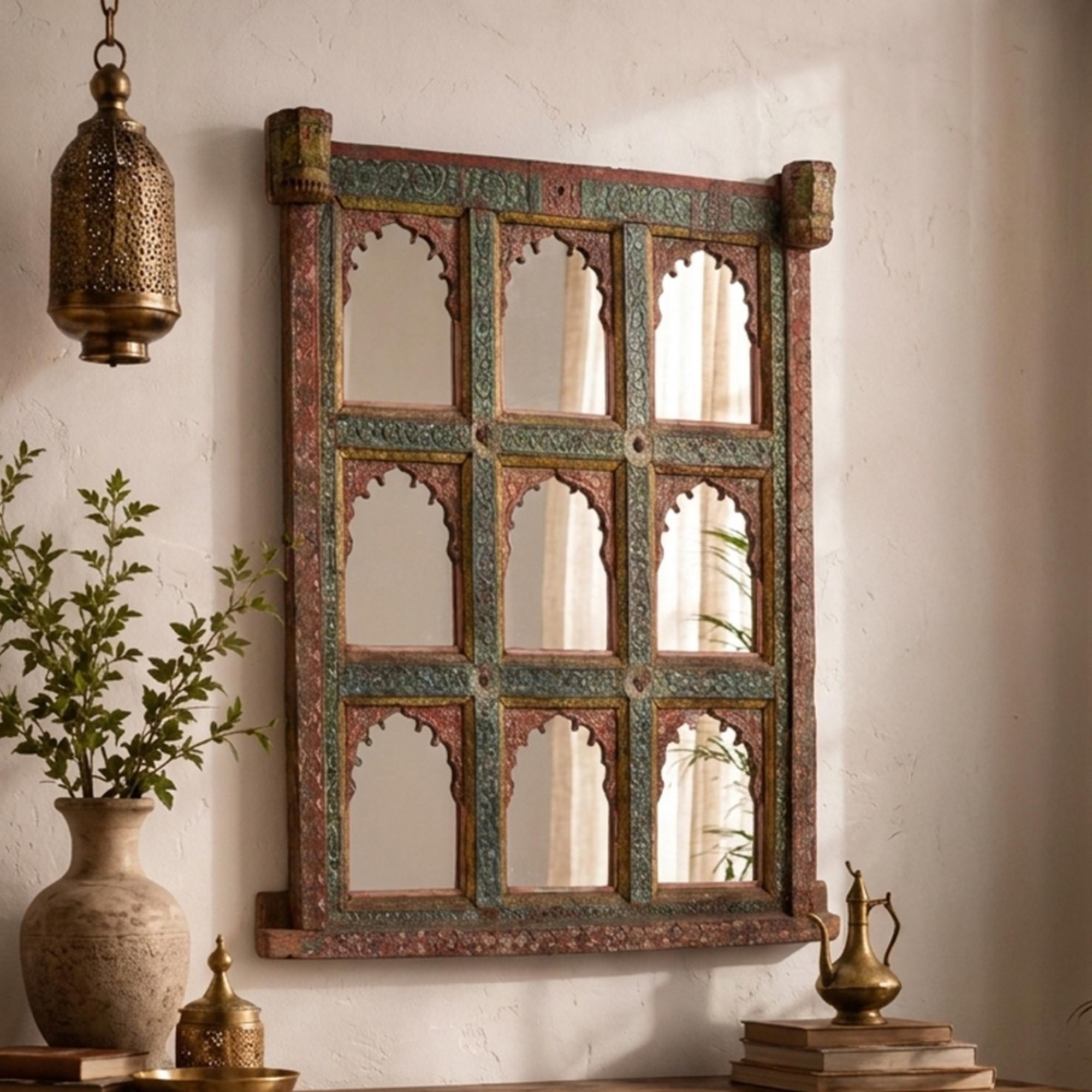 Distressed Carved Wall Mirror - Multi-Color - Wooden - 140cm x 157cm