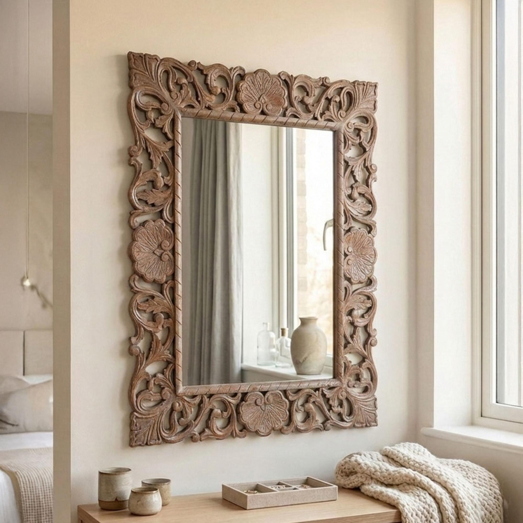 Distressed Carved Wall Mirror - Ornate Design - Natural - Wooden - 119cm x 153cm