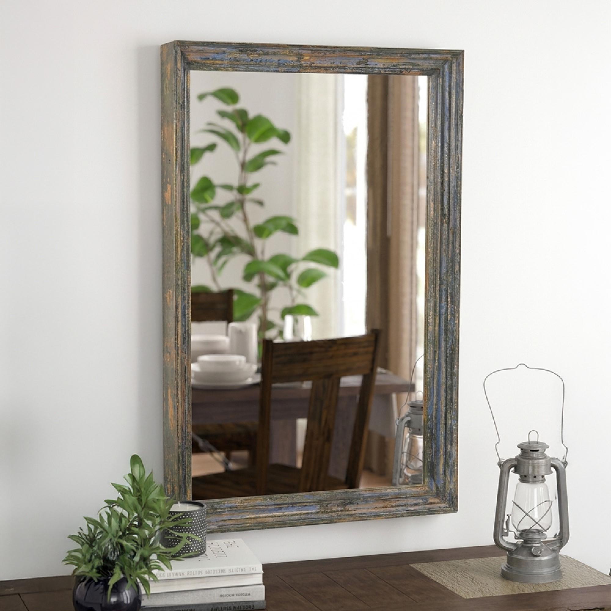 Distressed Wall Mirror - Weathered Grey - Teak Wood - 76cm x 122cm