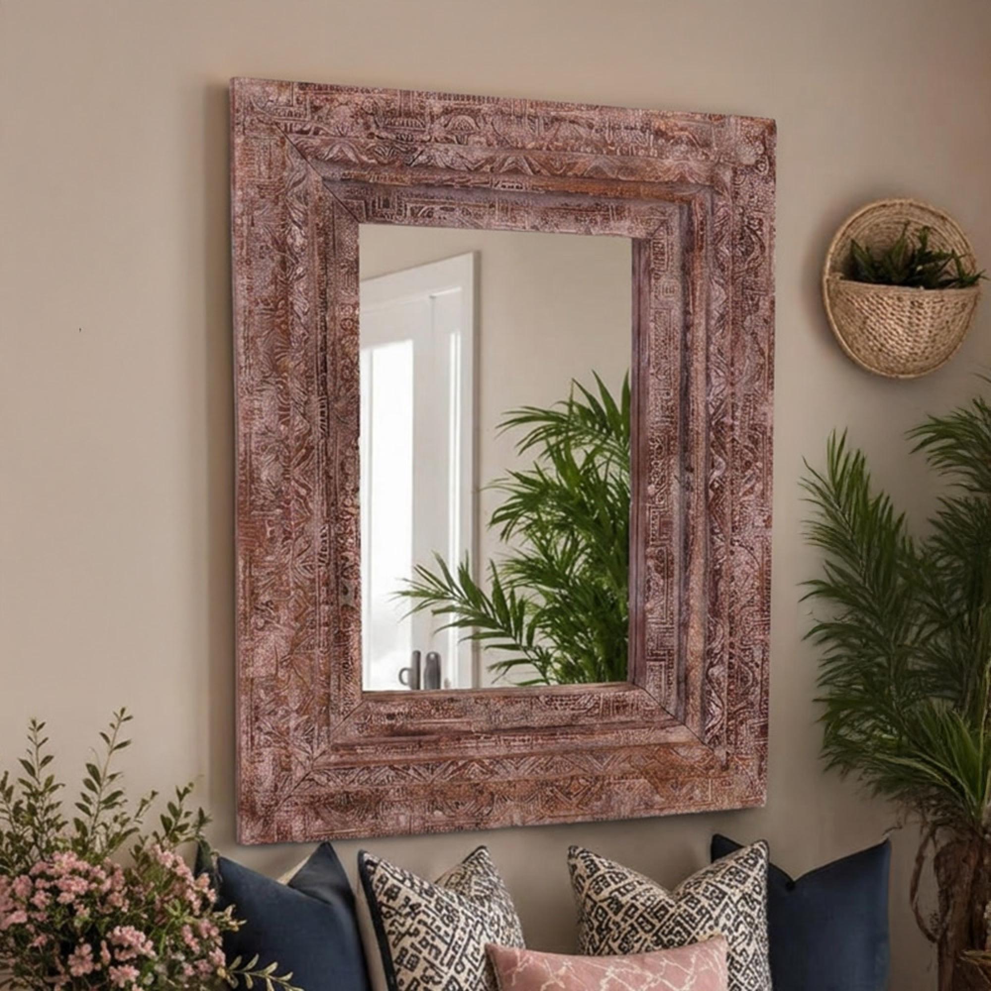 Fernando Carved Wall Mirror - Ornate Design - Aged Brown - Wooden - 105cm x 135cm