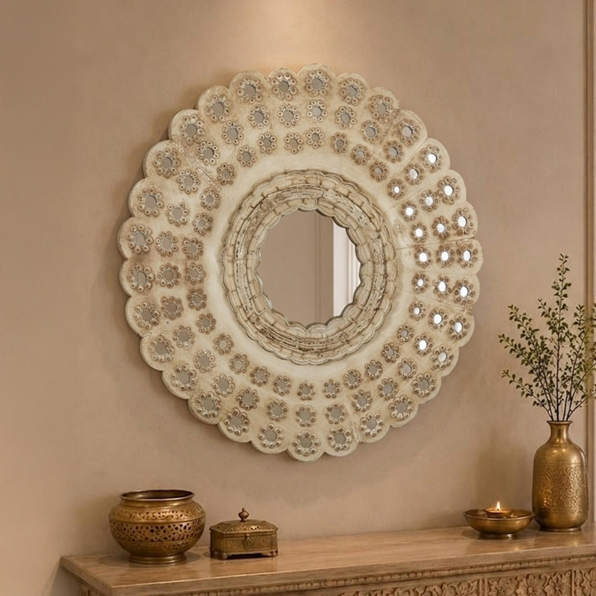 Wall Mirror - Round - Ornate Design - Sand - Teak Wood - 76cm x 76cm