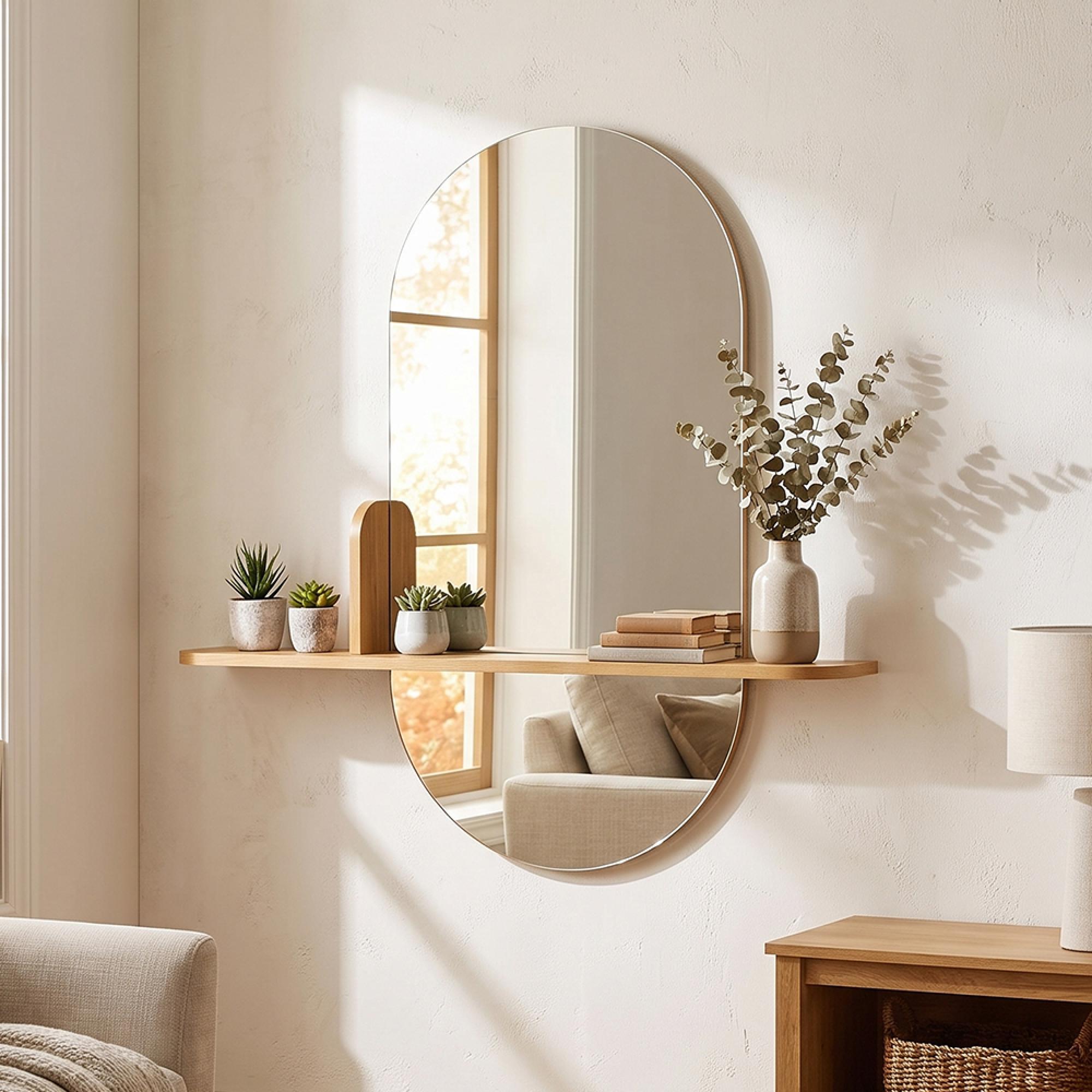 Barco Wall Mirror - with Shelf - Oval - Natural - Glass - 92cm x 94.5cm