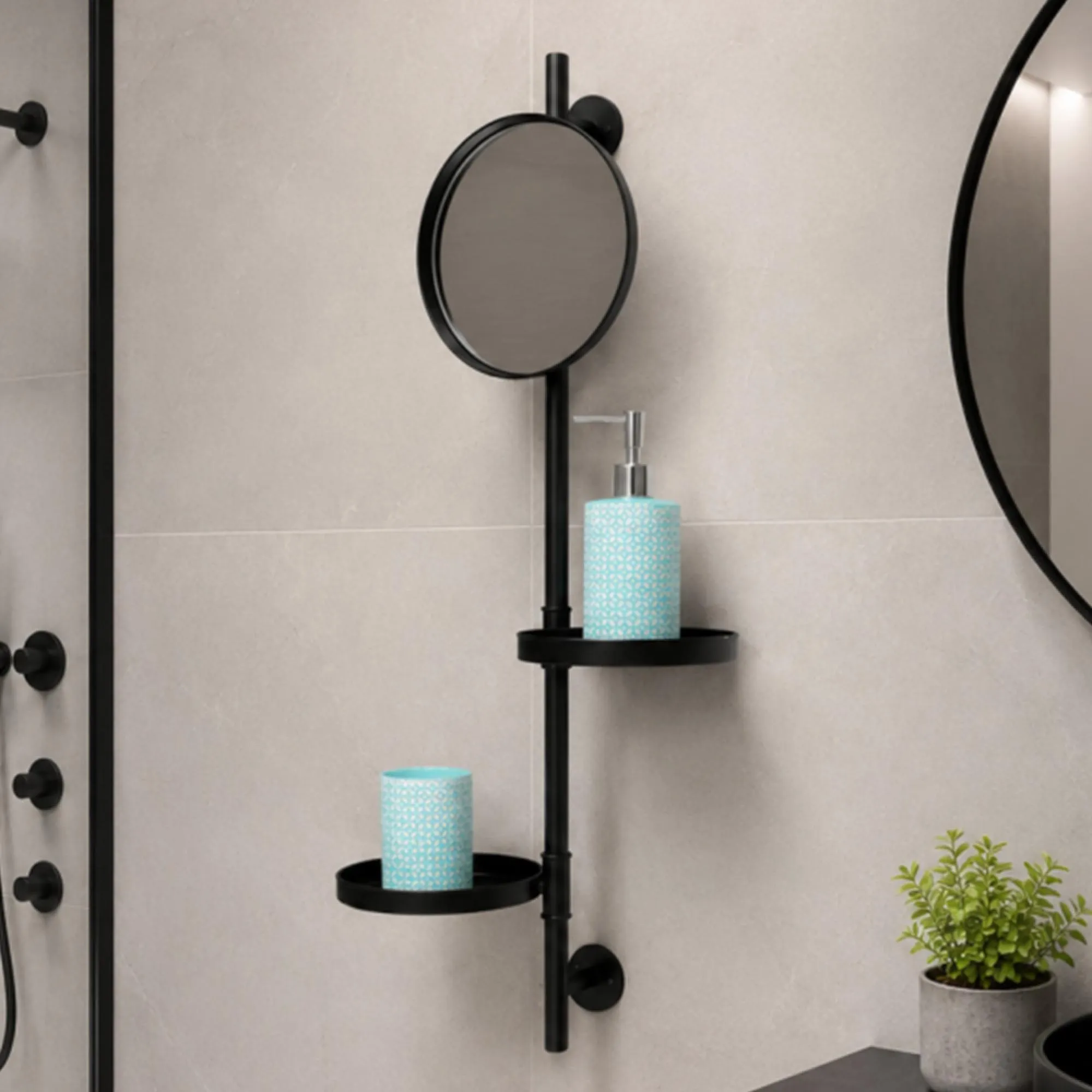 Wall Mirror - Black Metal - with Shelves