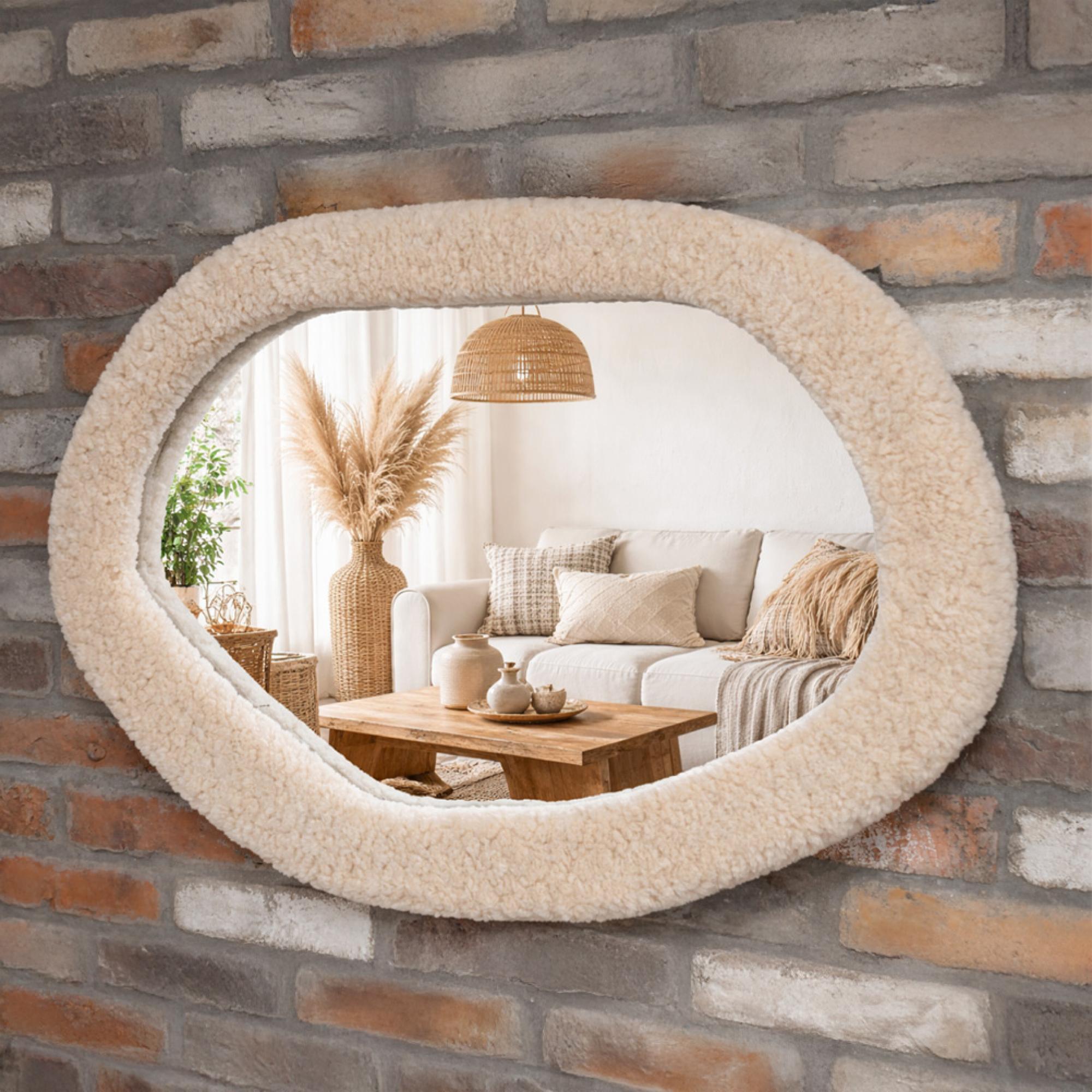 Wall Mirror - Abstract - Cream - Teddy Fabric - 63cm - 92cm