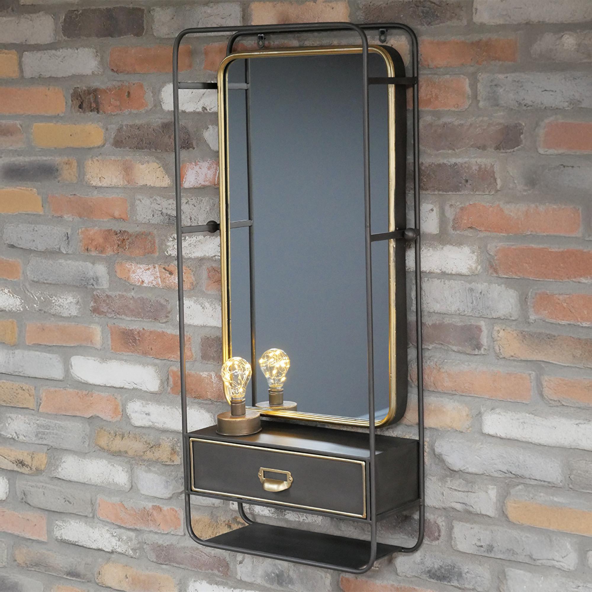 Wall Unit - Black Metal and Gold - 1 Drawer - with Mirror