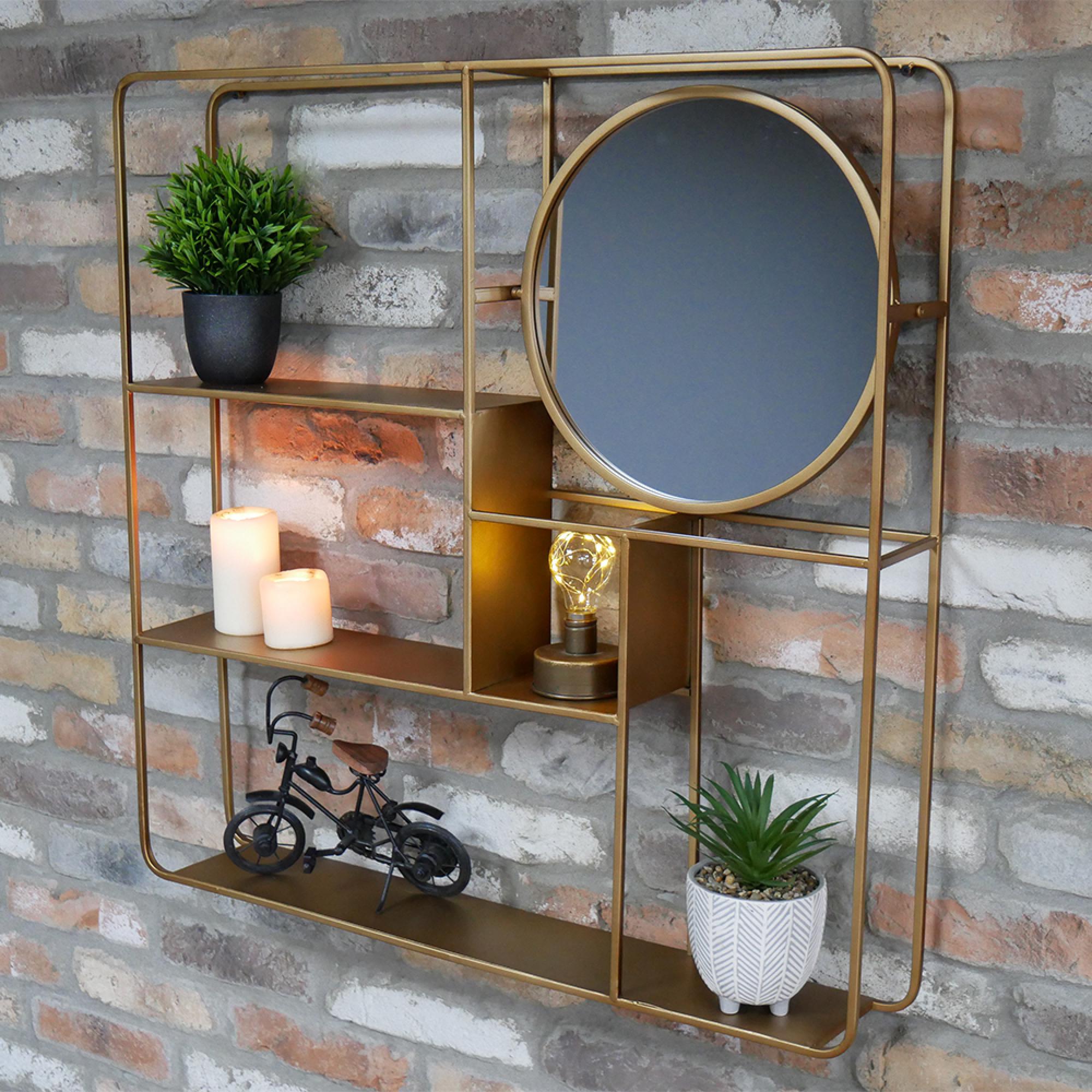 Wall Shelf - Gold Metal - with Round Mirror