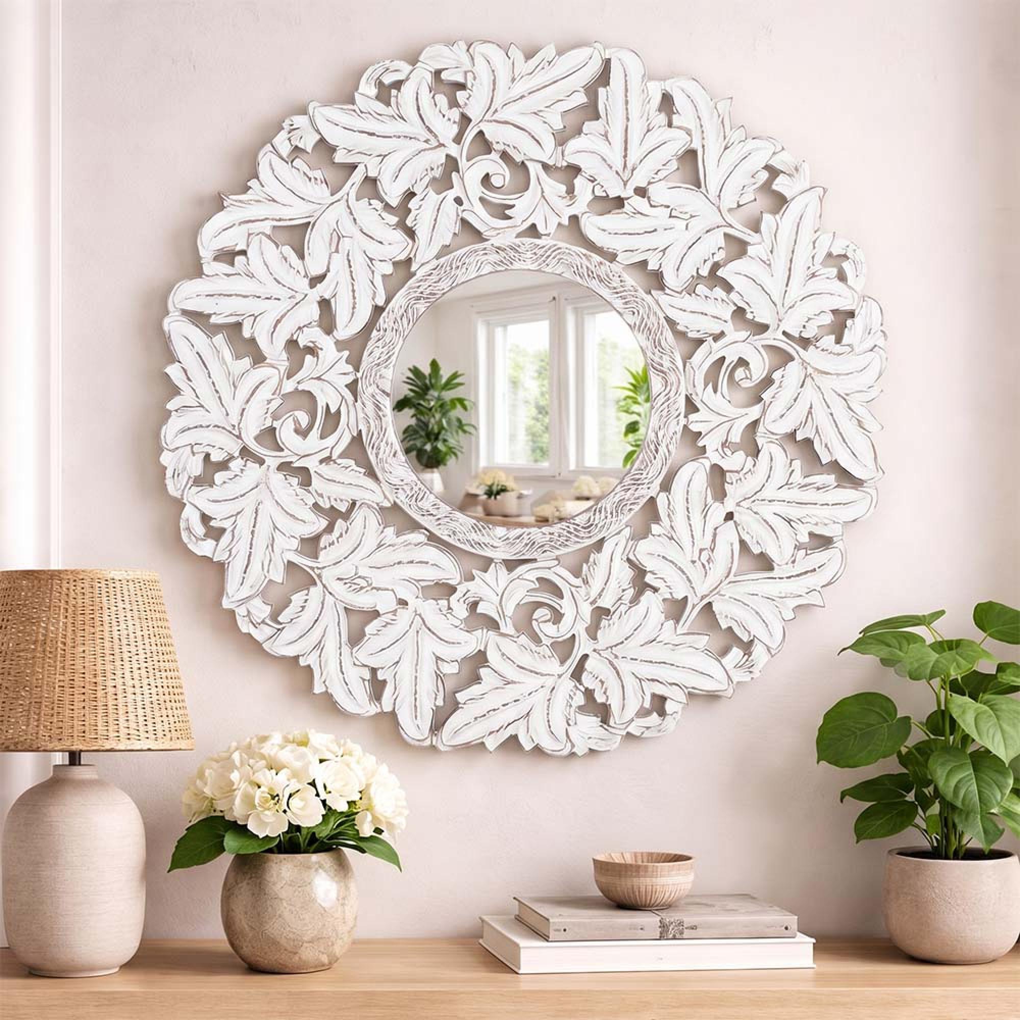 Meadow - White Carved - Round - Wall Mirror