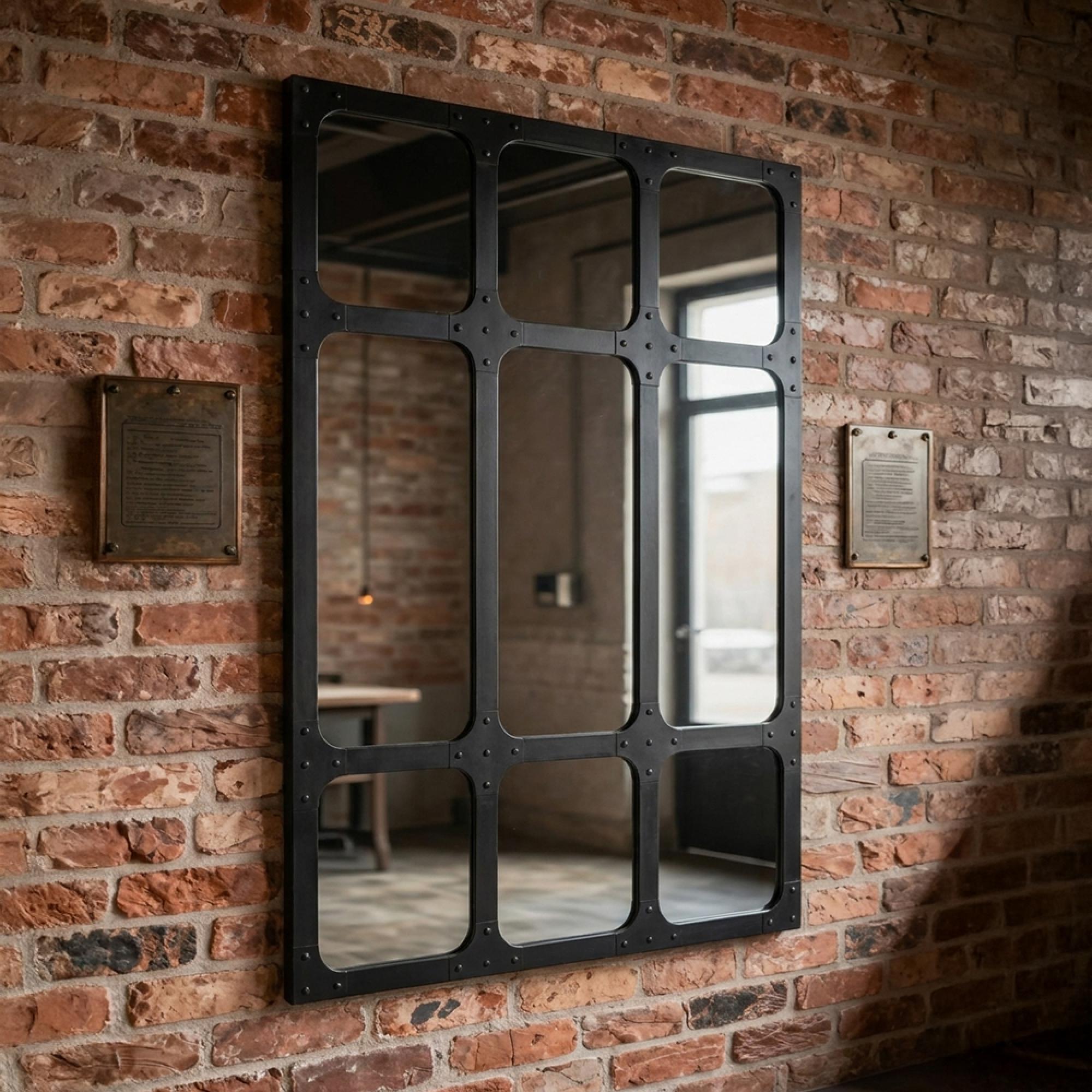 Window Mirror - Black - Riveted Detail - Metal - 90cm x 110cm