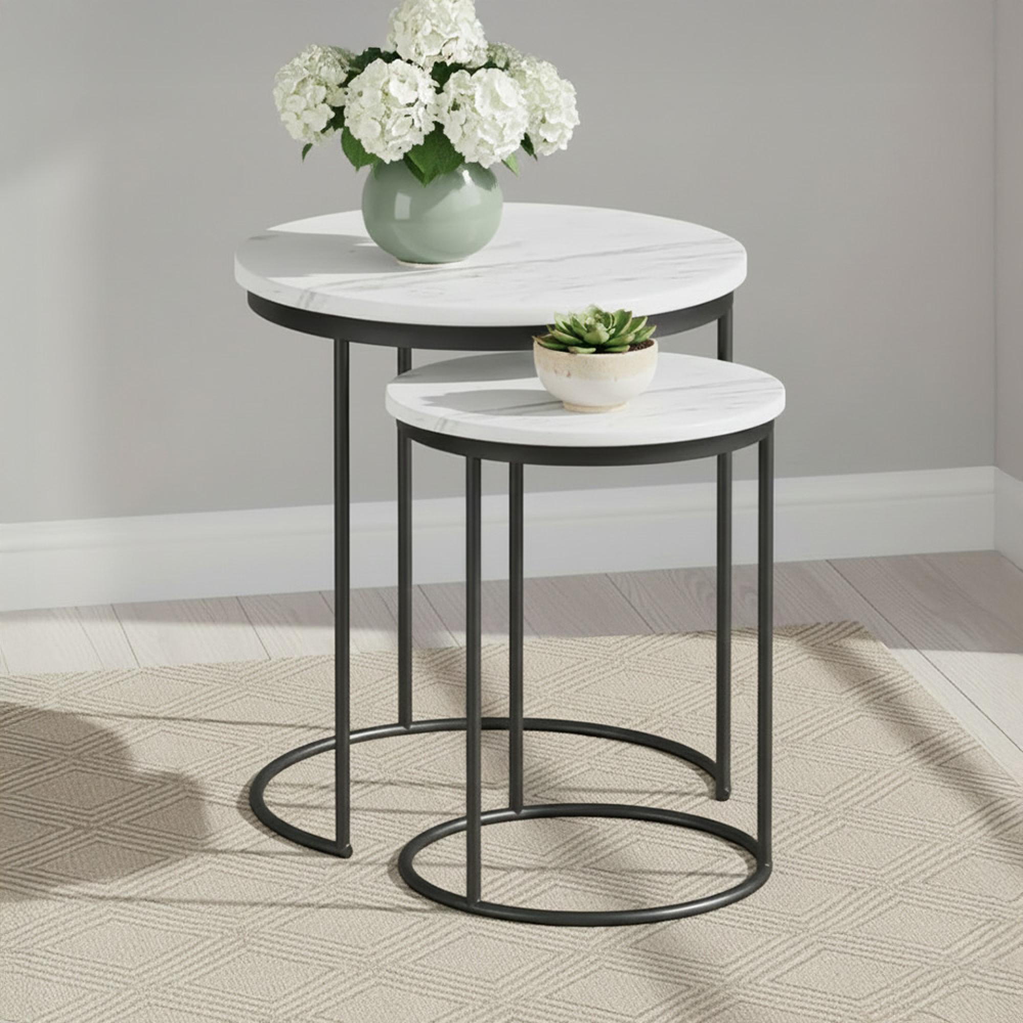 Marmora Nest of Tables - Round - Set of 2 - White Marble & Grey