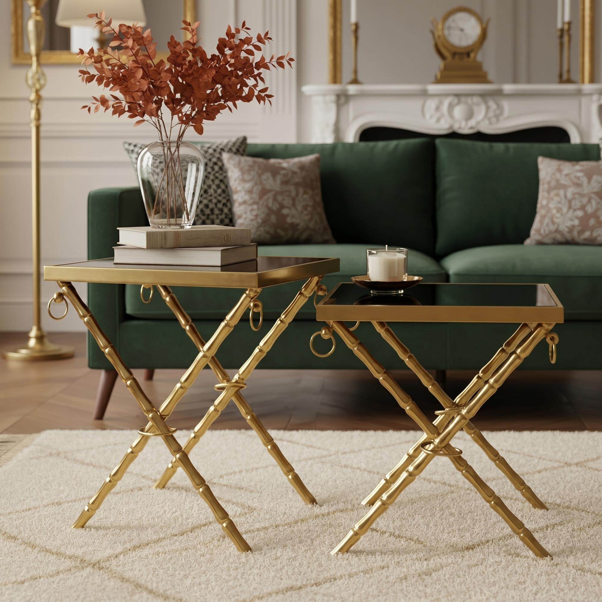 Arezzo Nest of 2 Tables - Square - Black Glass and Gold Metal