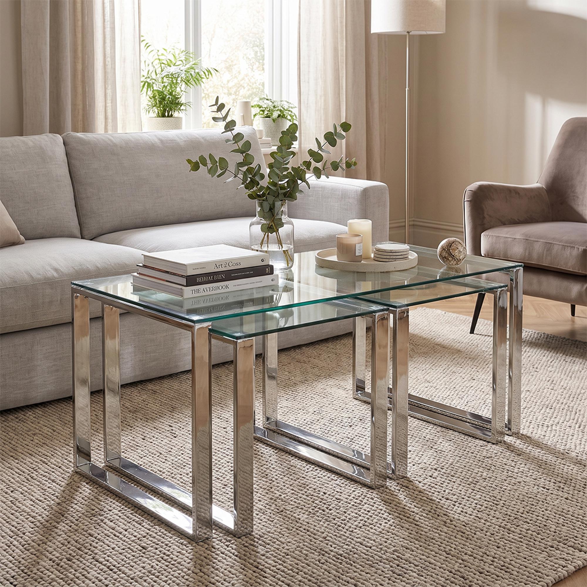 Clearance - Harry Nest of 3 Tables - Glass and Chrome - FSS17560