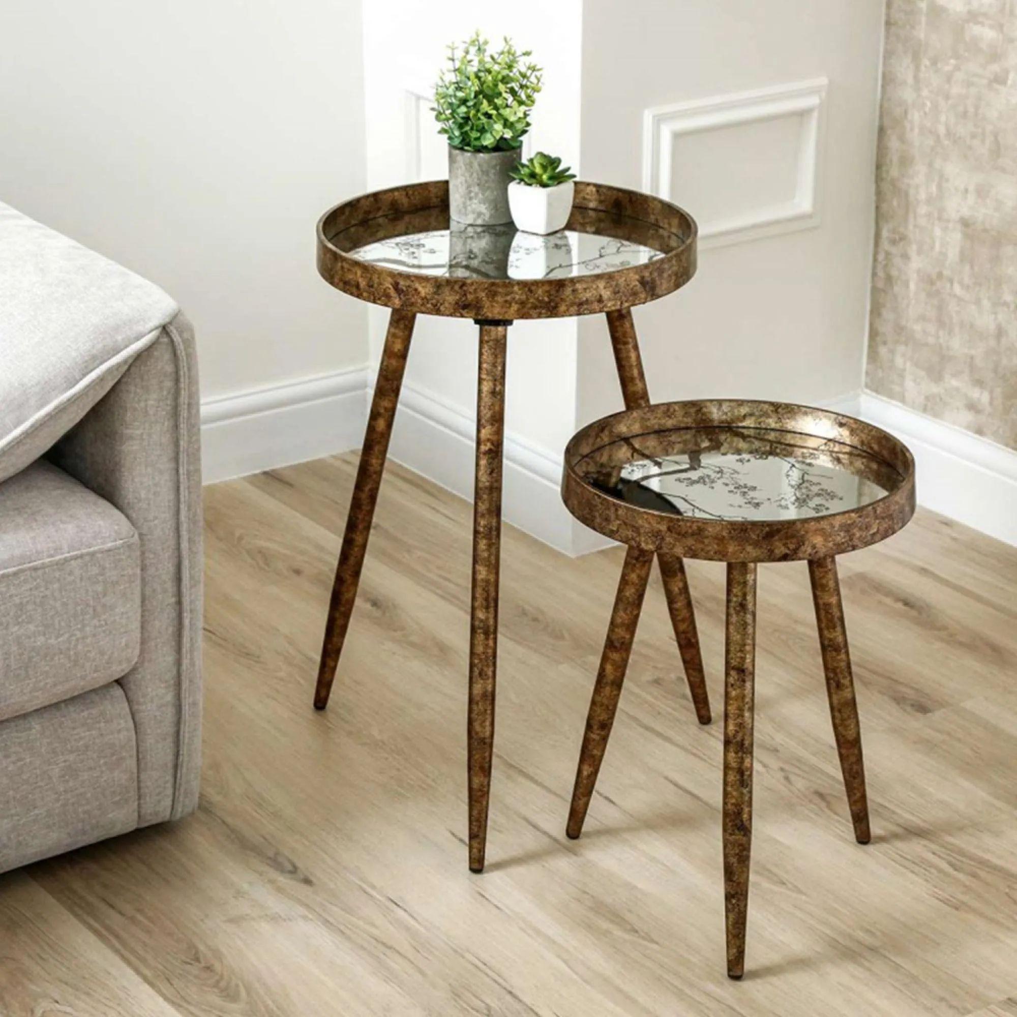 Nest of Tables - Antique Gold Metal - Round - Set of 2 - Tray