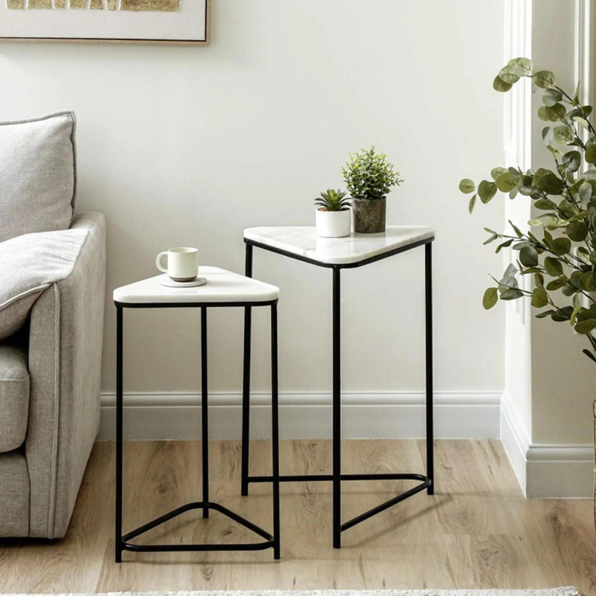 Nest of Tables - Black and White Marble - Triangular - Set of 2