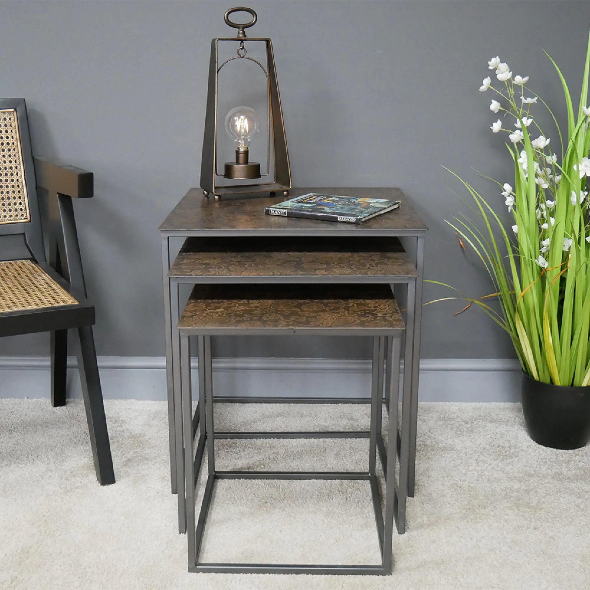 Nest of Tables - Metal - Brown Floral - Set of 3