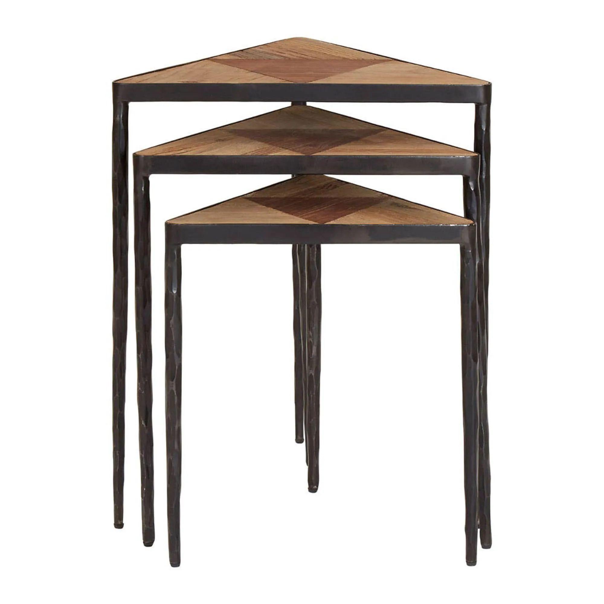 Elmo Nest of 3 Tables - Triangular - Textured Elm Wood and Metal