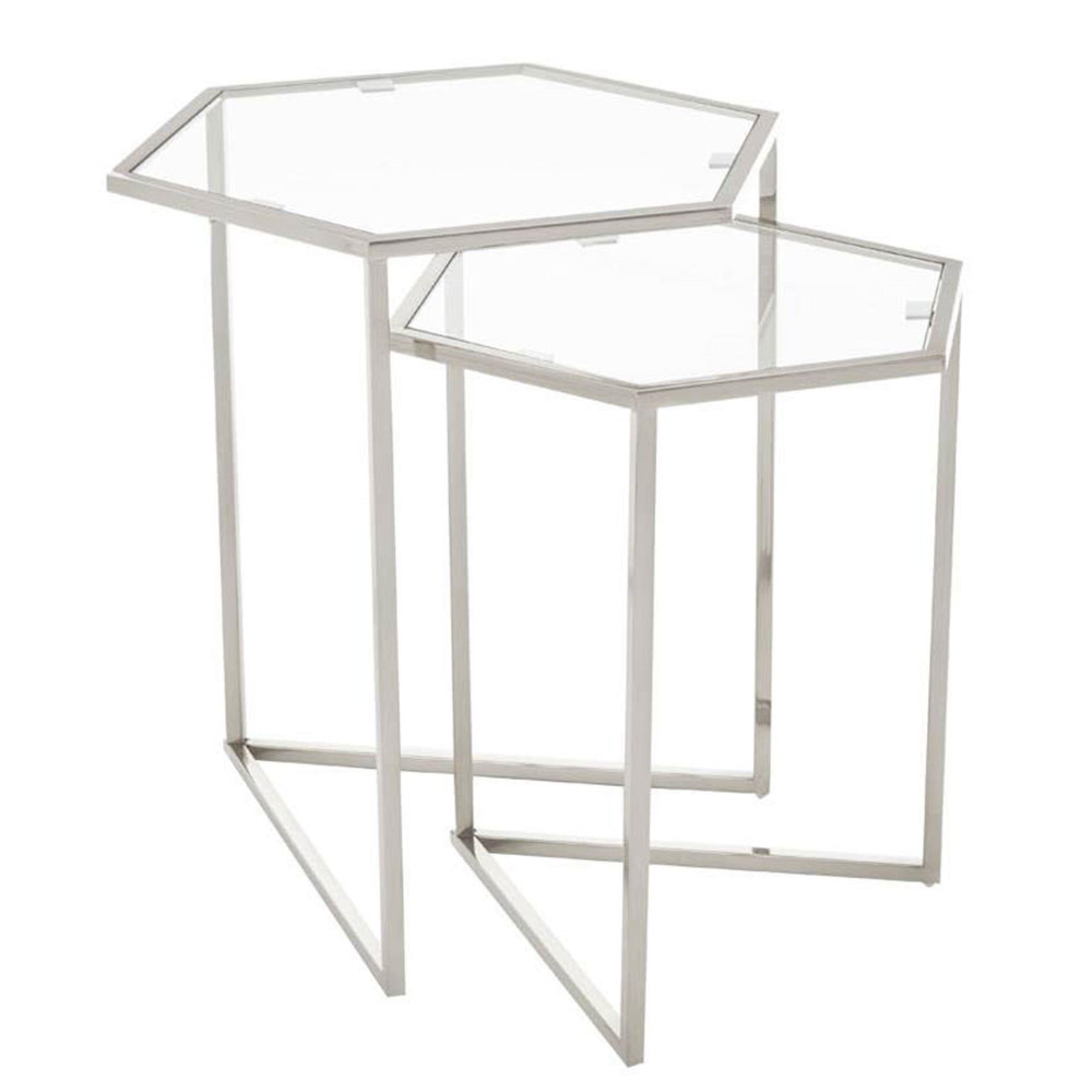 Herber Nest of 2 Tables - Hexagon - Clear Glass with Silver Metal