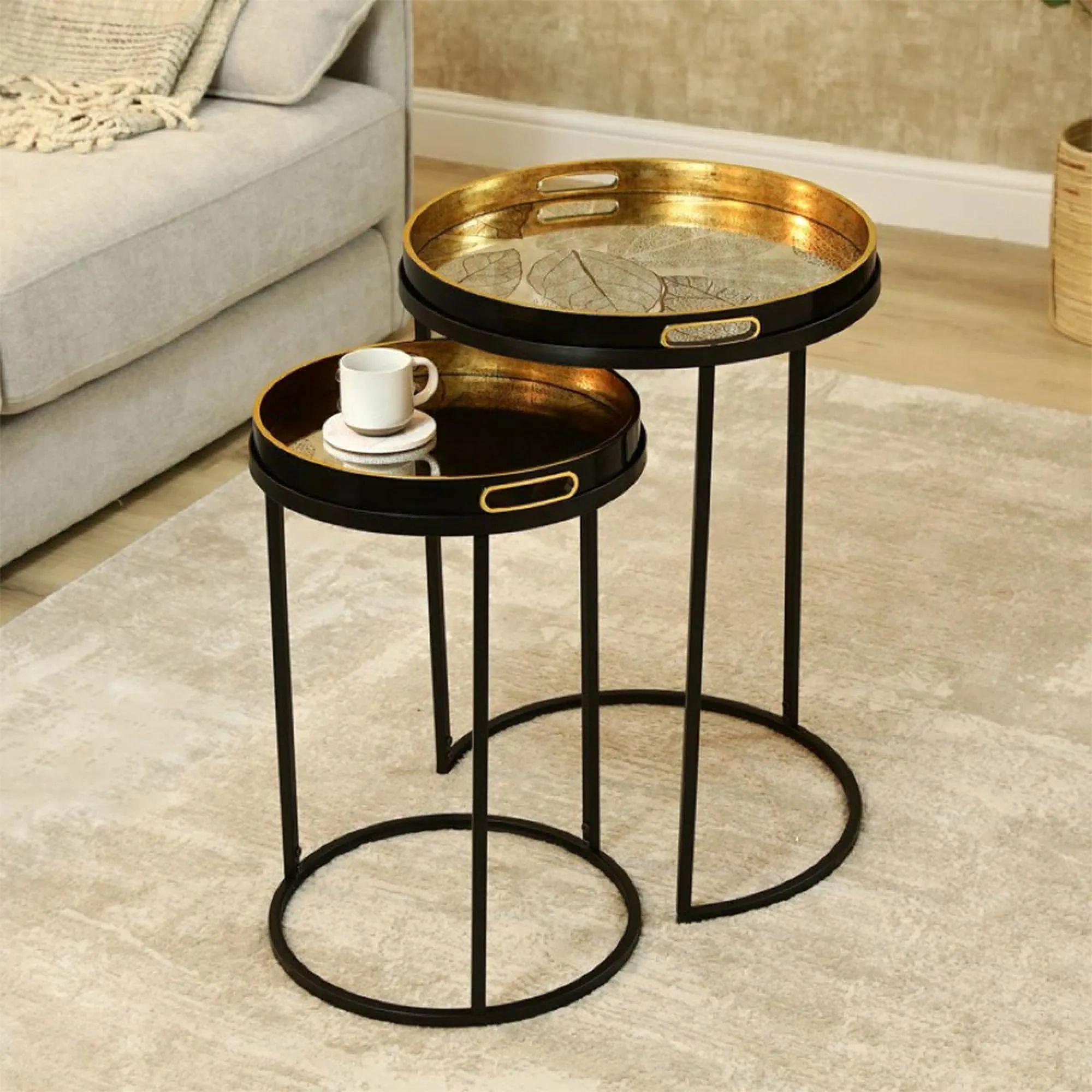 Nest of Tables - Olin - Antique Gold Leaves Glass - Round - Set of 2 - Tray