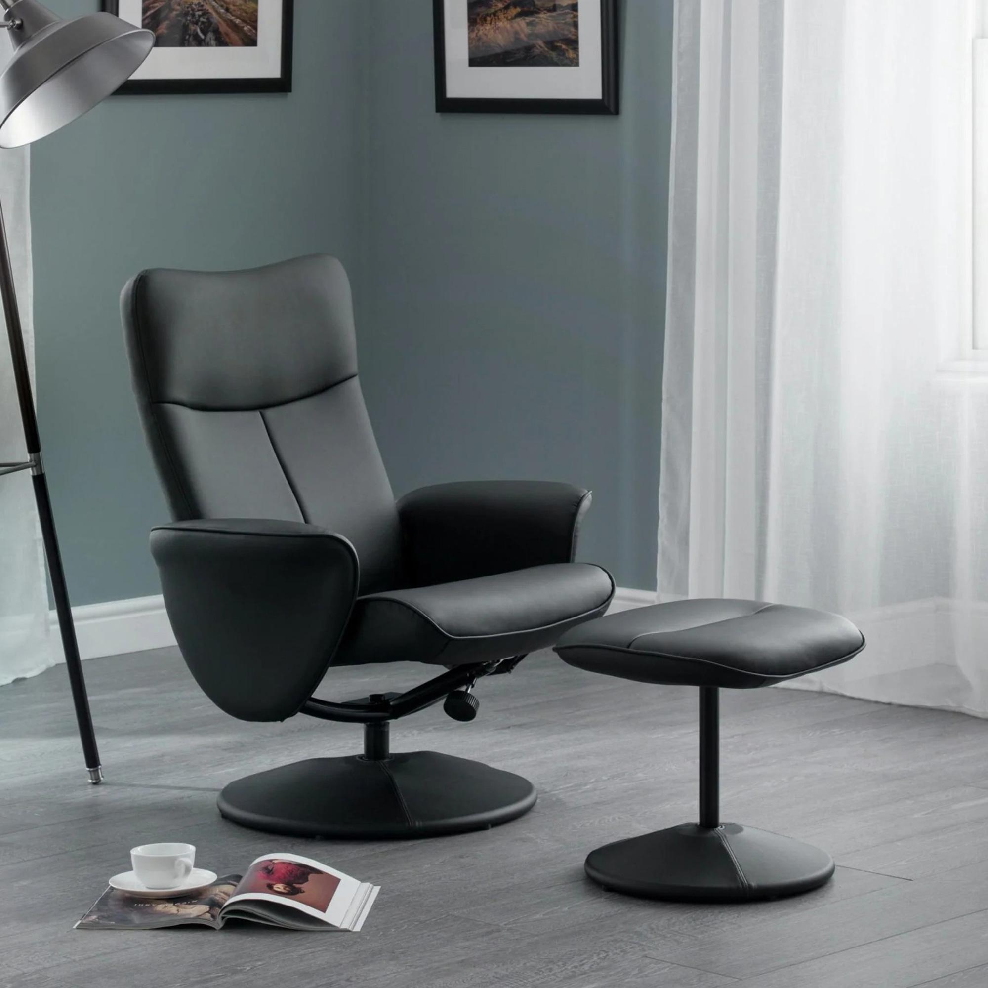 Lugano Black Faux Leather Recline Chair - with Footstool