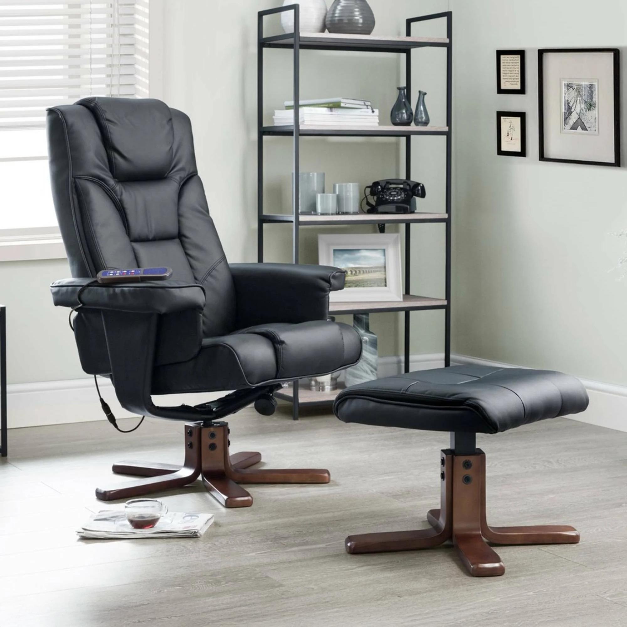Malmo Black Faux Leather Recliner Chair - with Walnut Legs Footstool