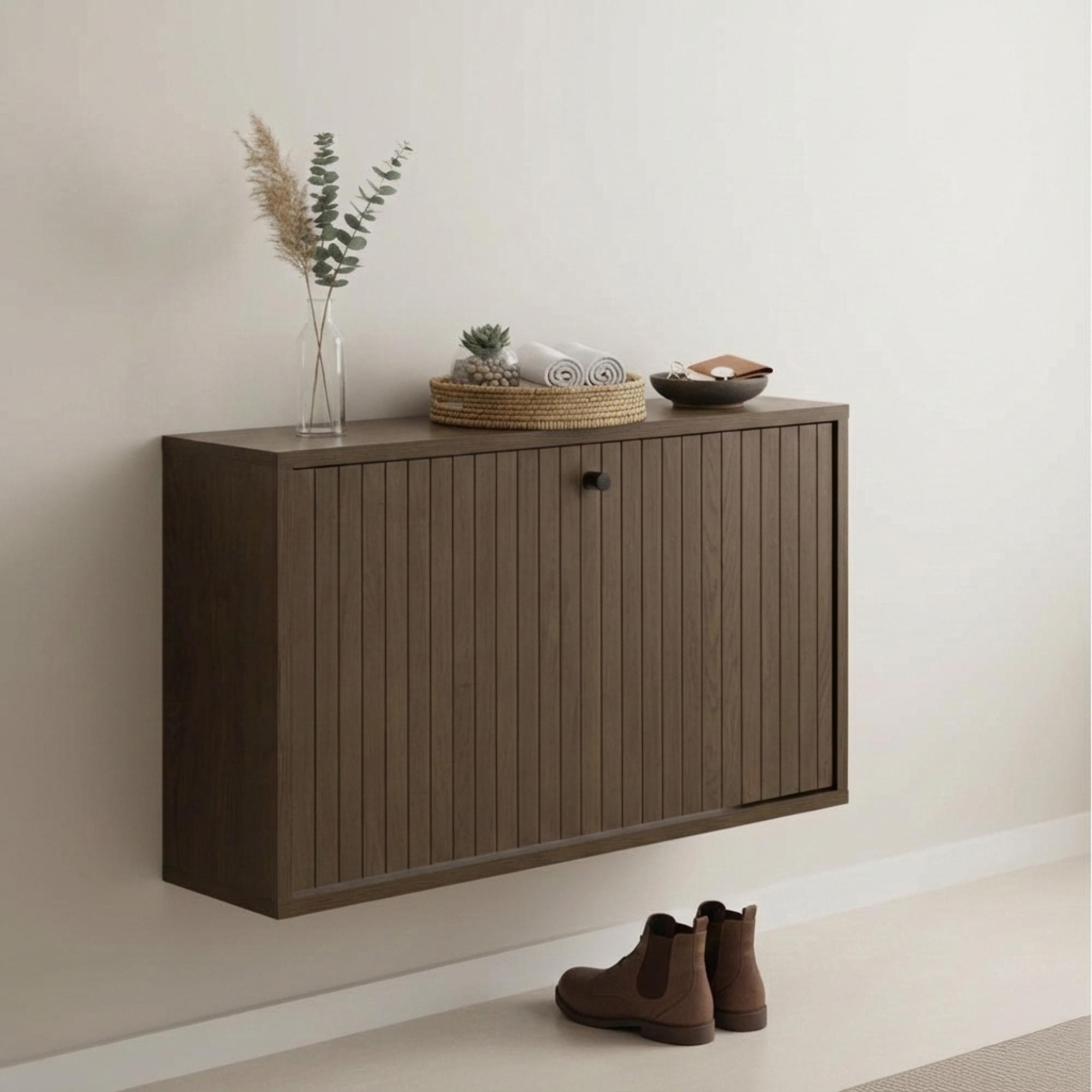 Albany Shoe Cabinet - Wall Mounted - Ribbed Smoked Oak