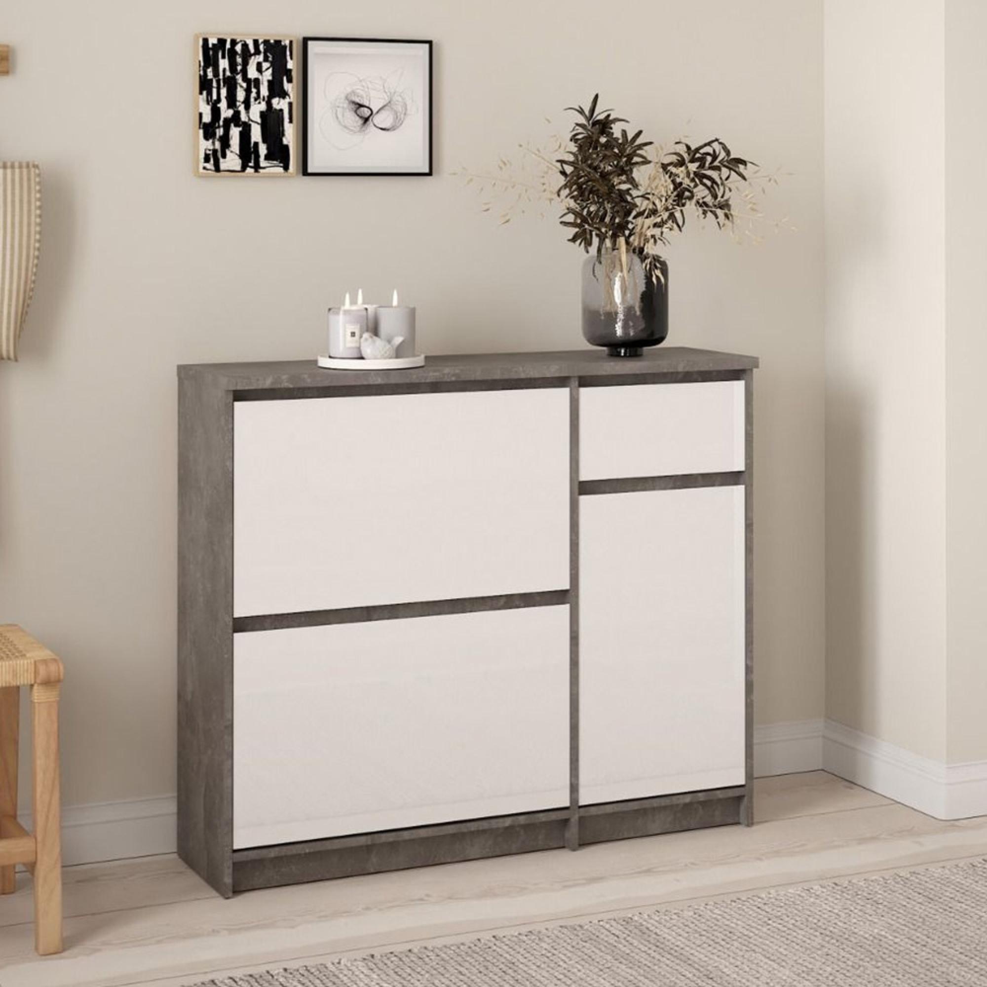 Naia Shoe Cabinet - 2 Door - 2 Drawer - Concrete and White Gloss