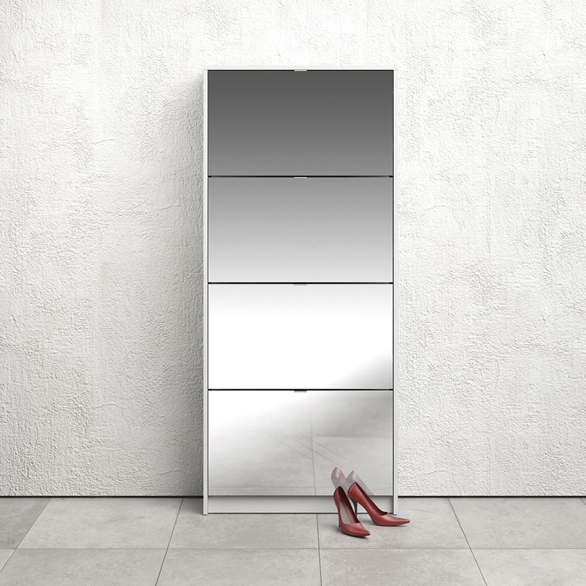 Shoe Cabinet - 4 Mirrored Door - White