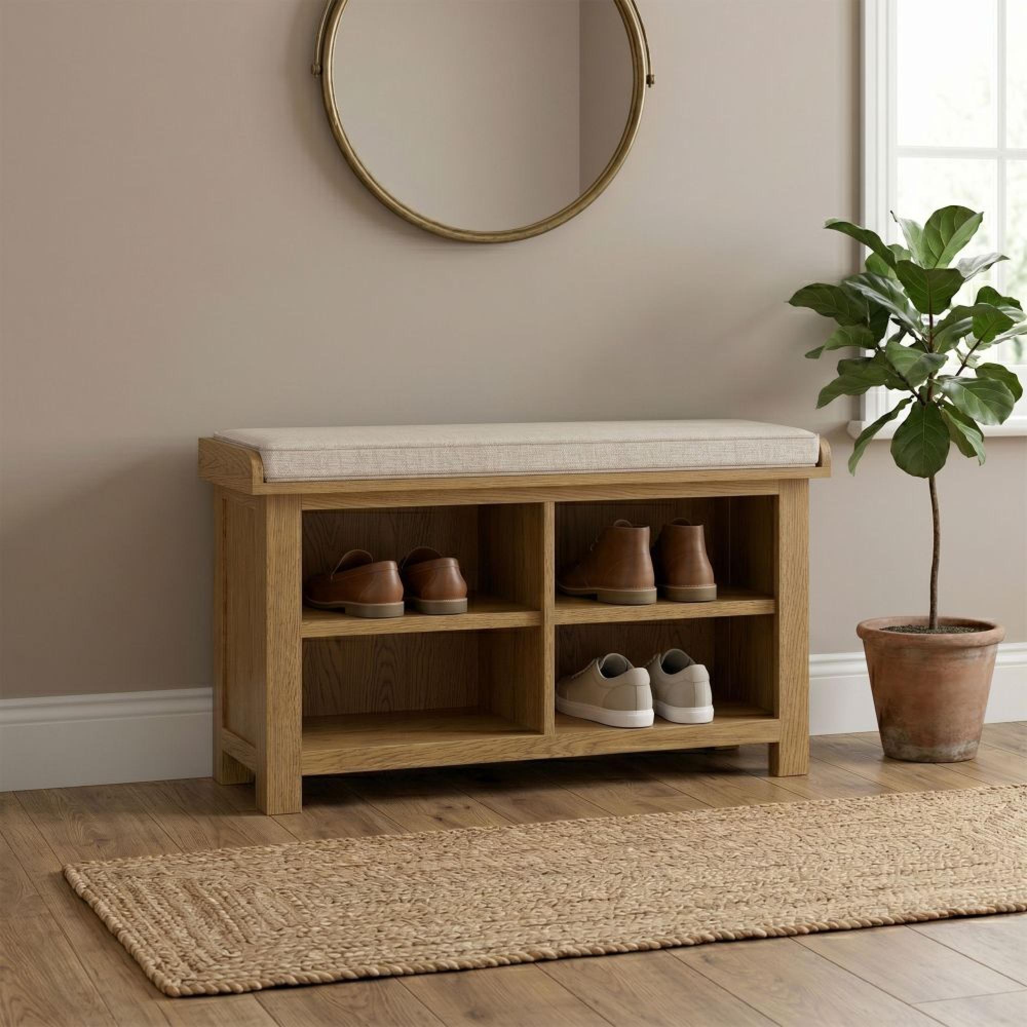 Dorchester Shoe Bench - Beige - Fabric and Rustic Oak