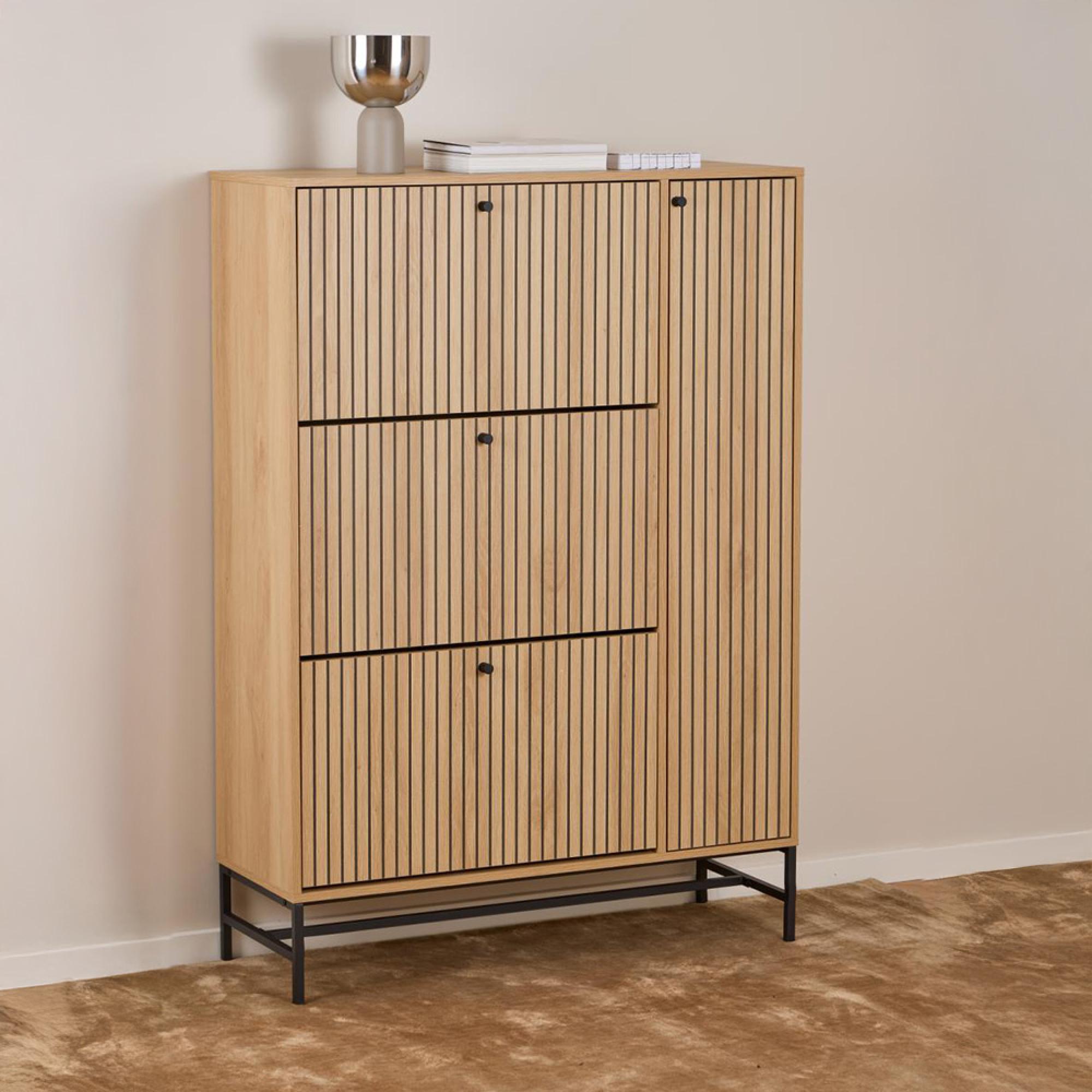 Albany Shoe Cabinet - Flip Down - 4 Door - Ribbed Oak