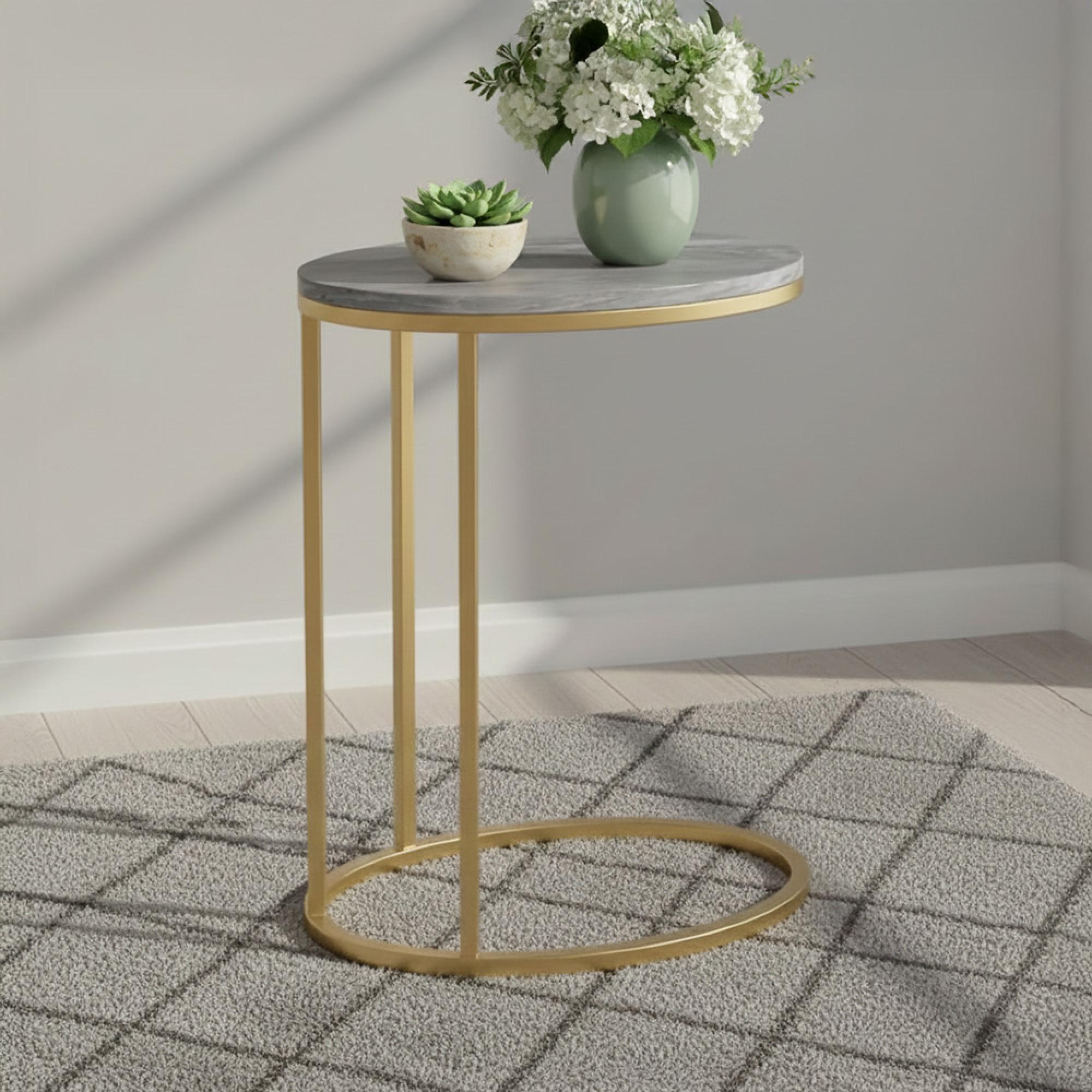 Marmora C Side Table - Oval - Grey Marble & Gold