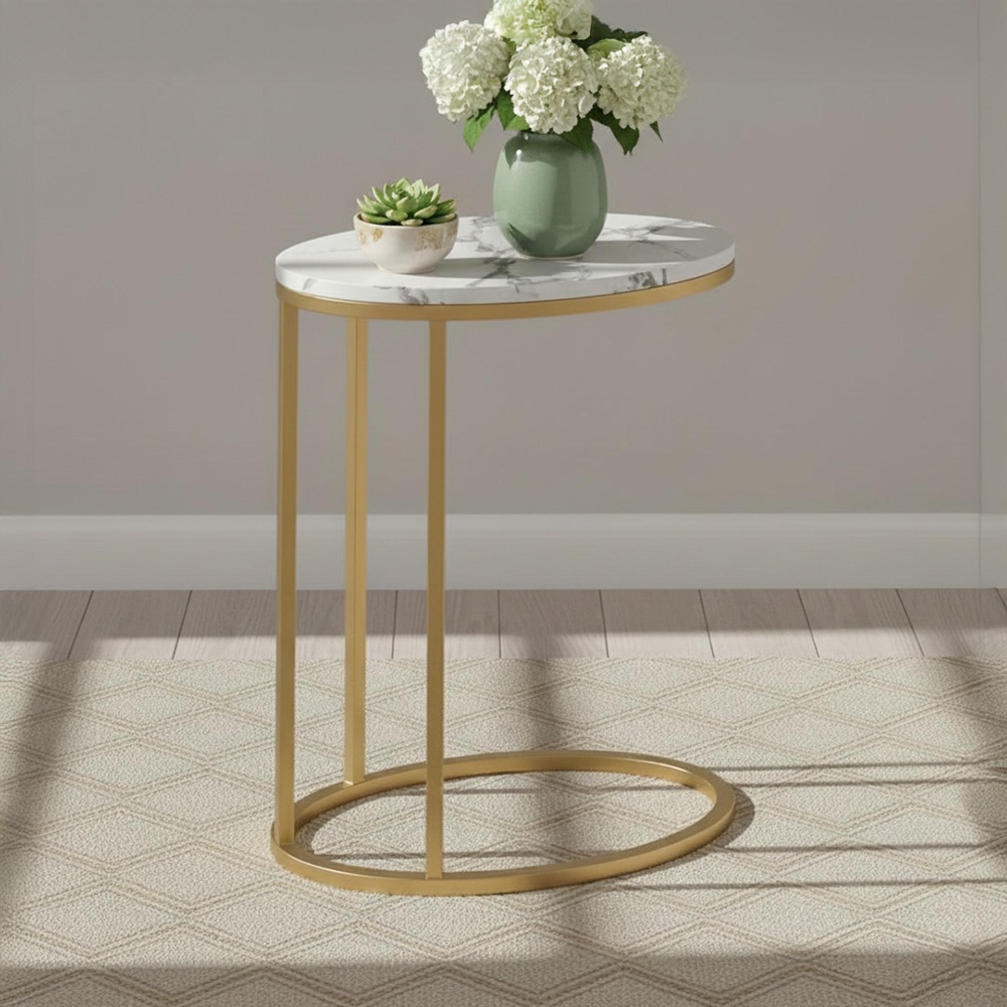 Marmora C Side Table - Oval - White Marble & Gold