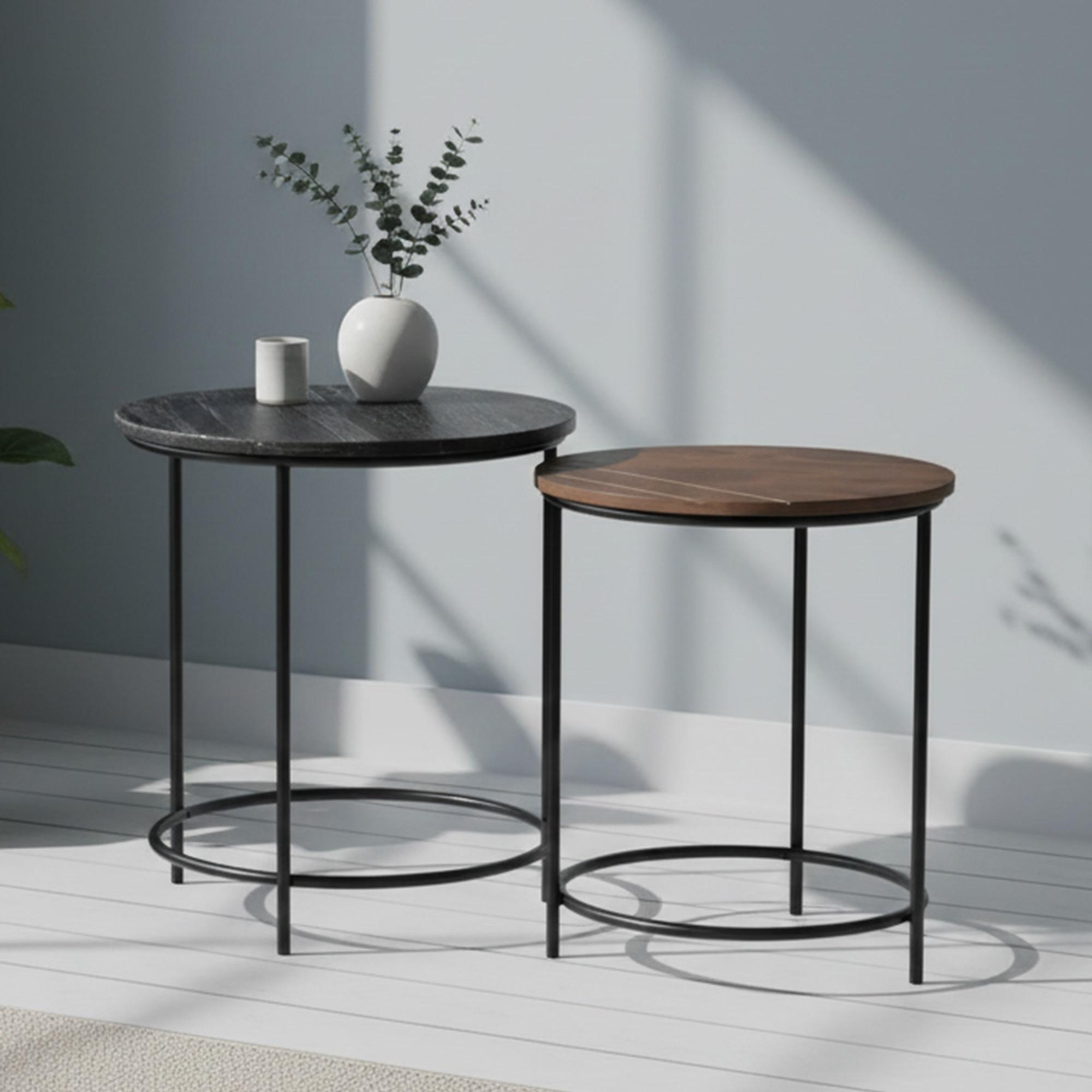 Buxton Side Table - Round - Set of 2 - Grey and Brown