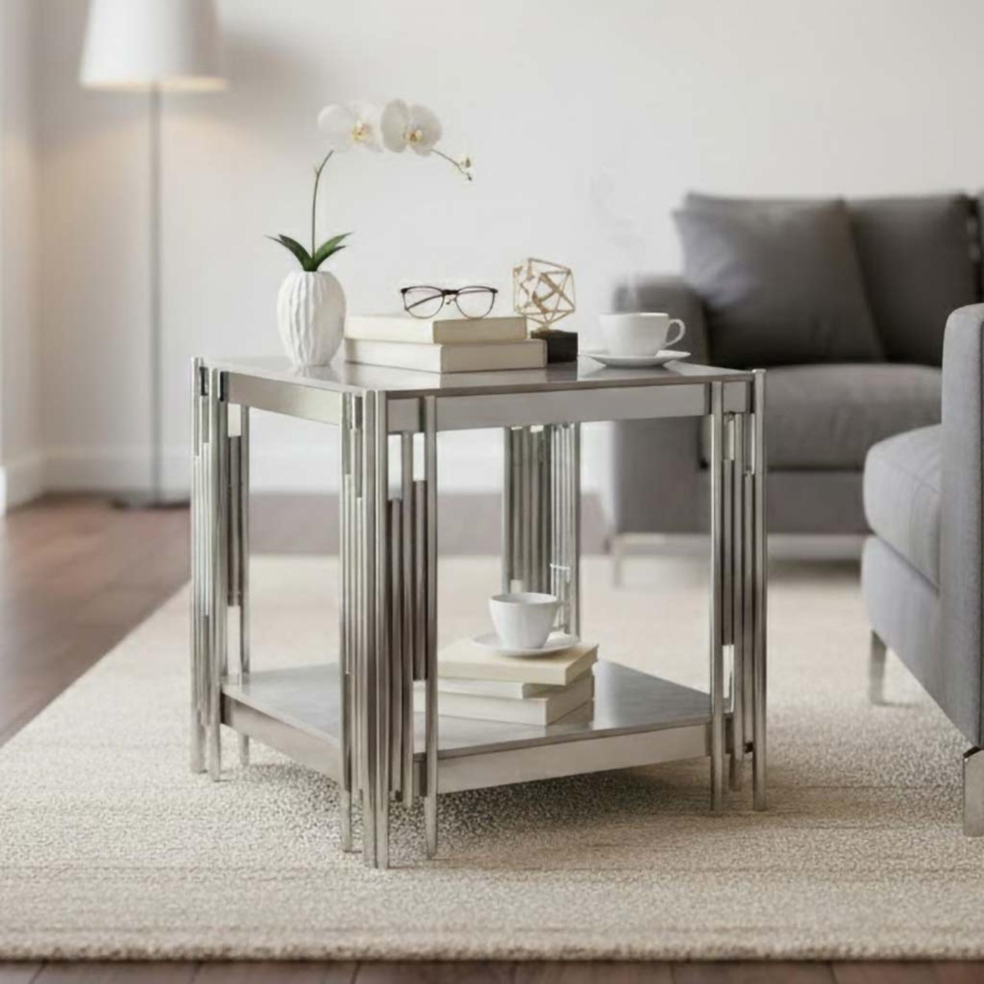 Belini End Table  Grey Sintered Stone and Chrome