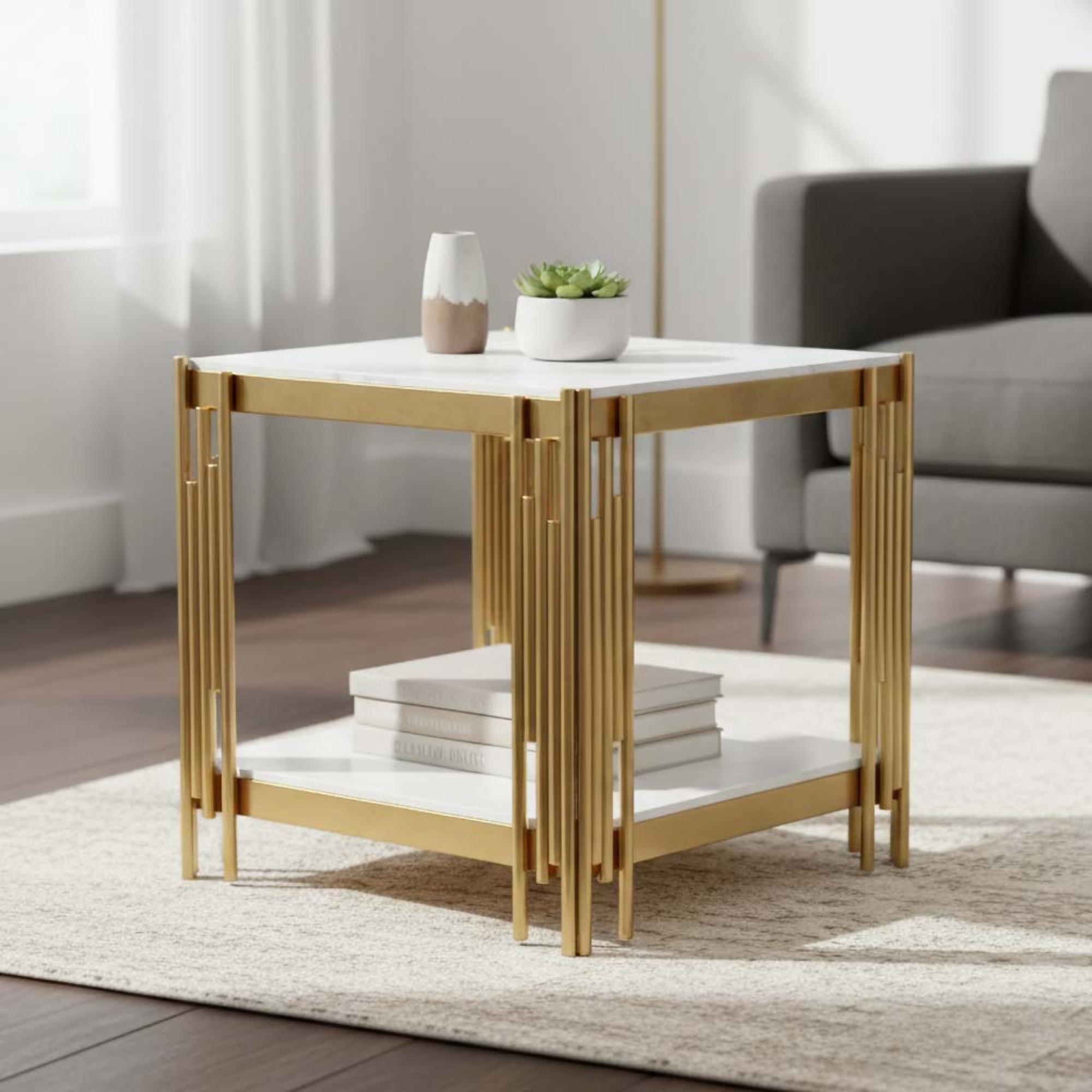 Belini End Table  White Sintered Stone and Gold