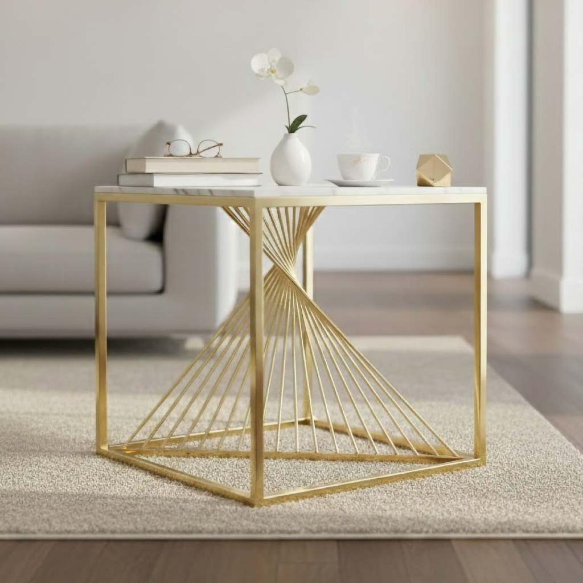 Calabria End Table  White Sintered Stone and Gold