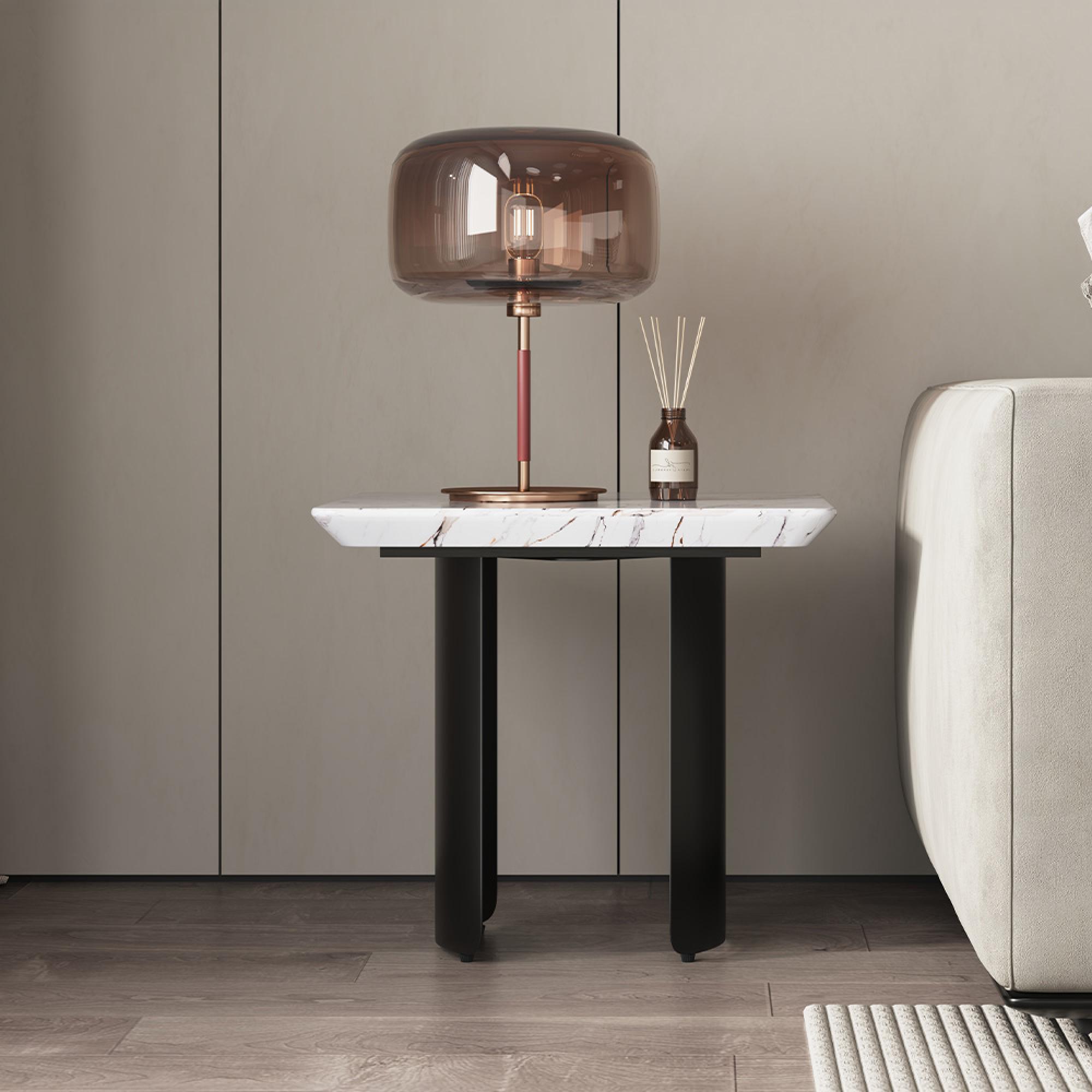 Lorea Side Table - Square - White Marble - Black Base