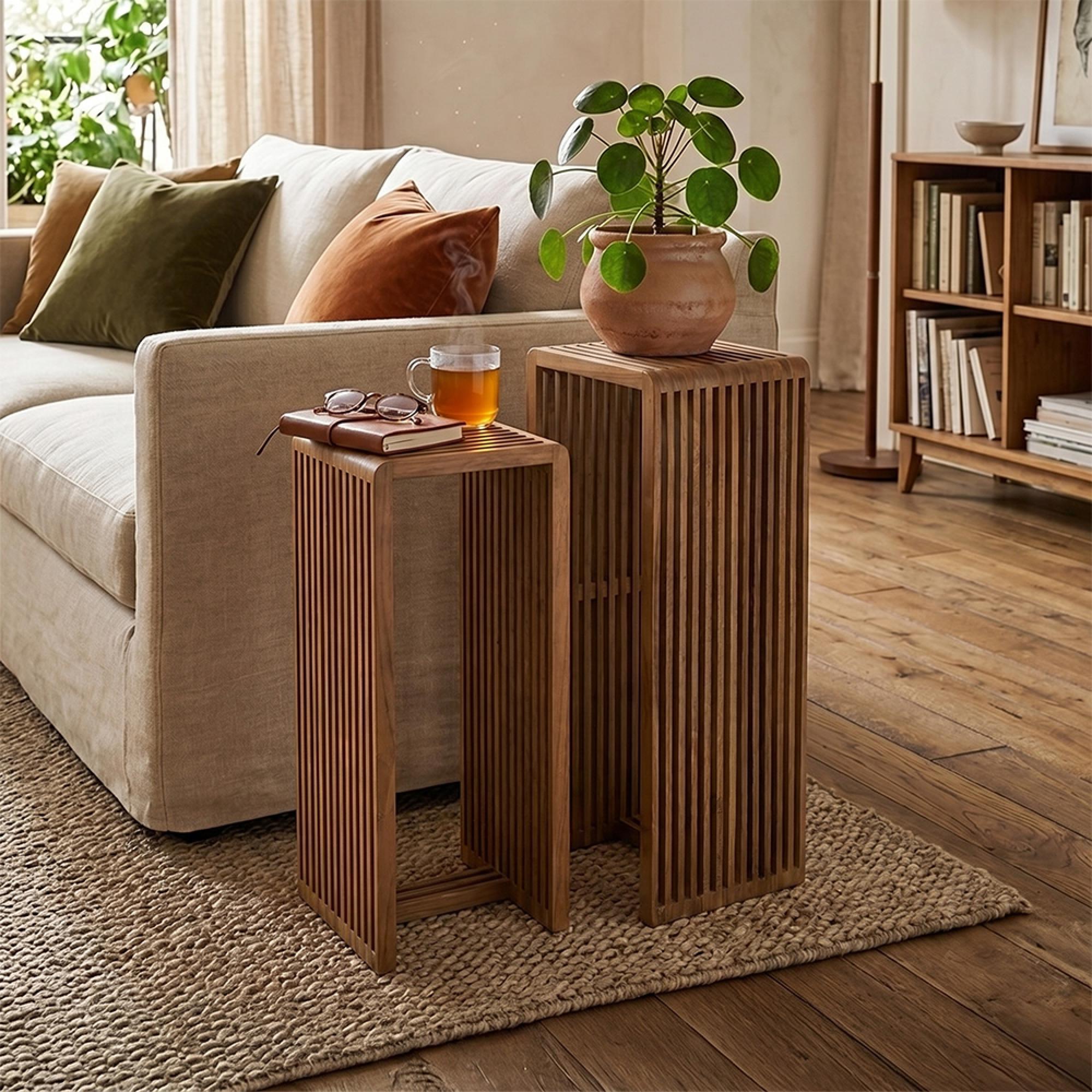 Cubic Side Table - 2 Tier - Slatted - Tall - Natural - Recycle Teak Wood
