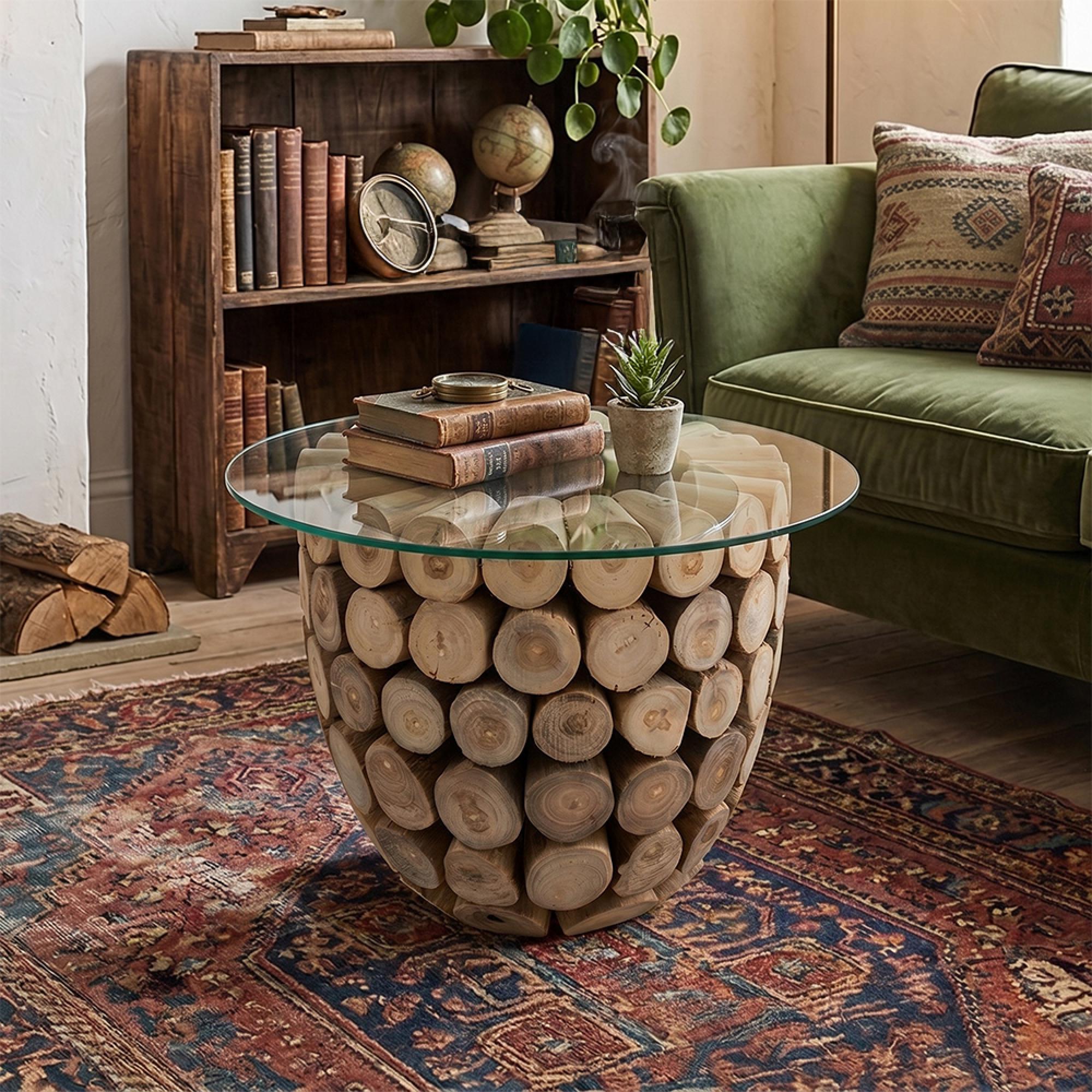 Discs Open Accent Table - Round - Large - Natural - Glass and Teak Wood