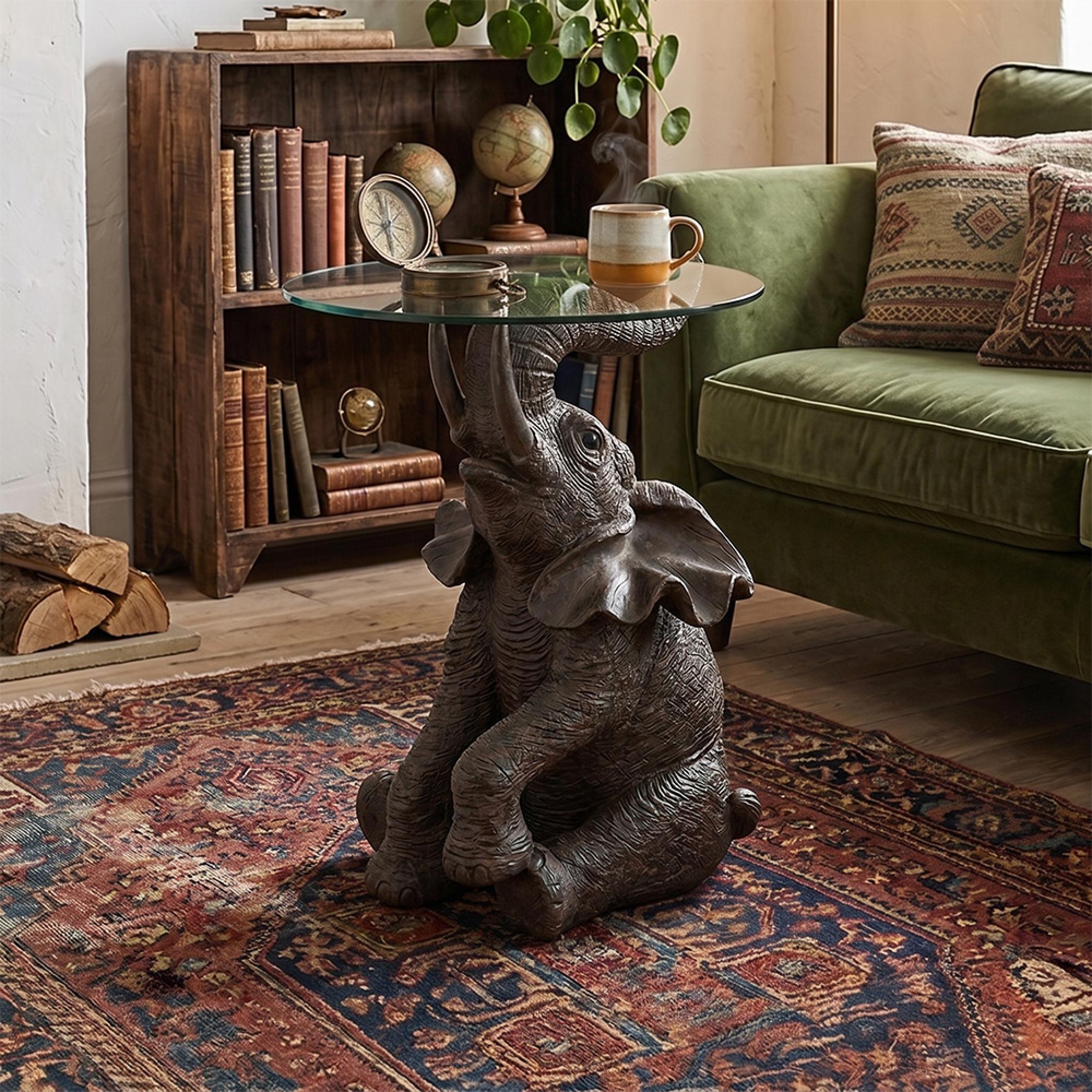 Elephant Accent Table - Round - Dark Brown - Glass and Polyresin